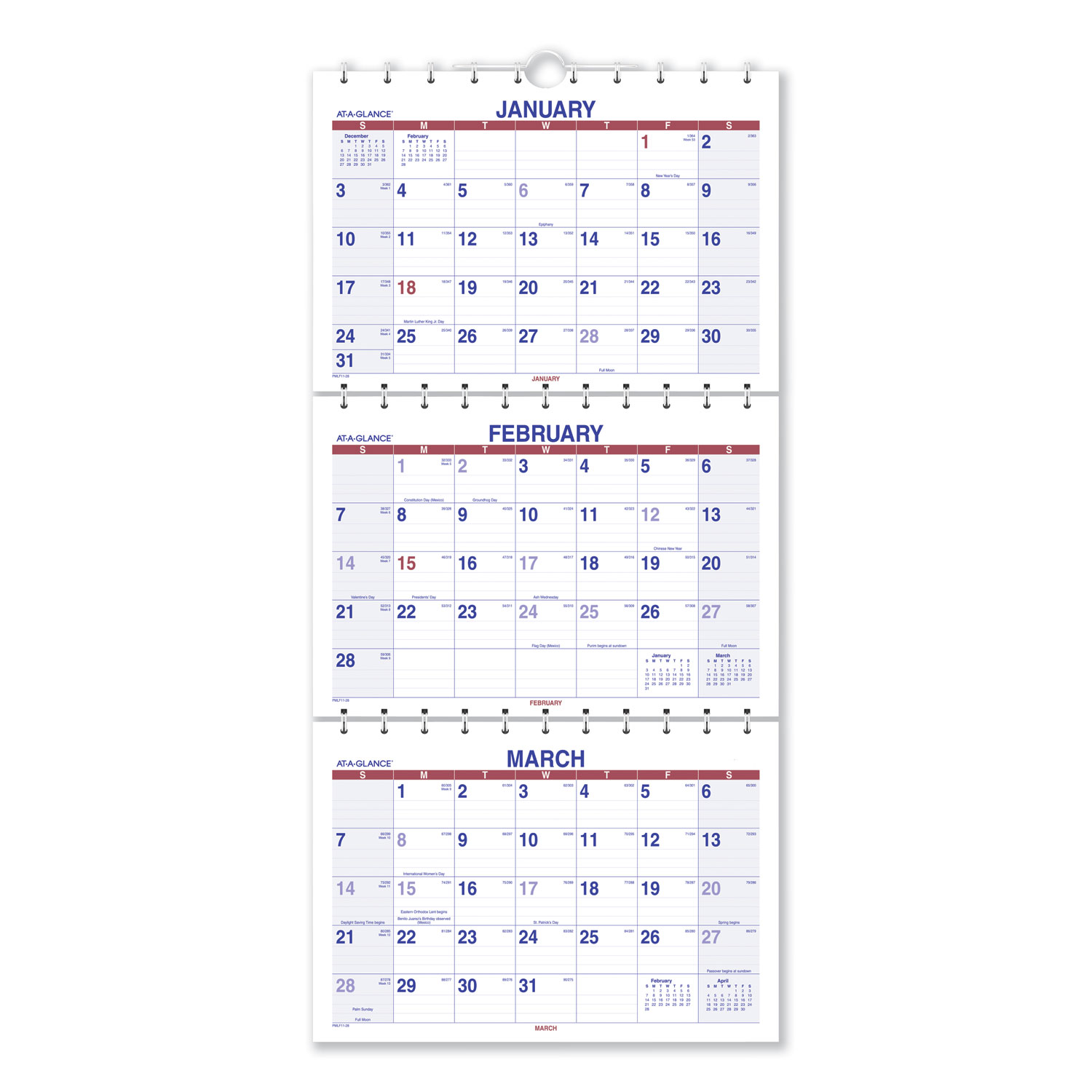 Move-A-Page Three-Month Wall Calendar, 12 x 27, White/Red/Blue Sheets, 15-Month (Dec to Feb 