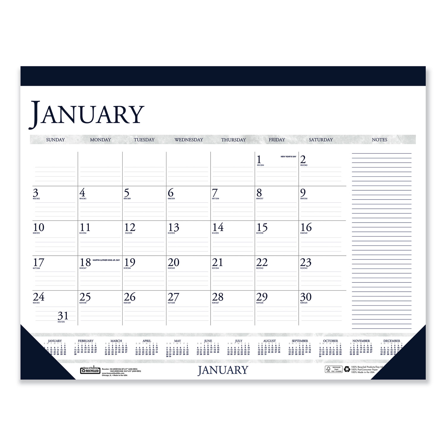  House of Doolittle 164 Recycled Two-Color Monthly Desk Pad Calendar w/Large Notes Section, 22x17, 2020 (HOD164) 
