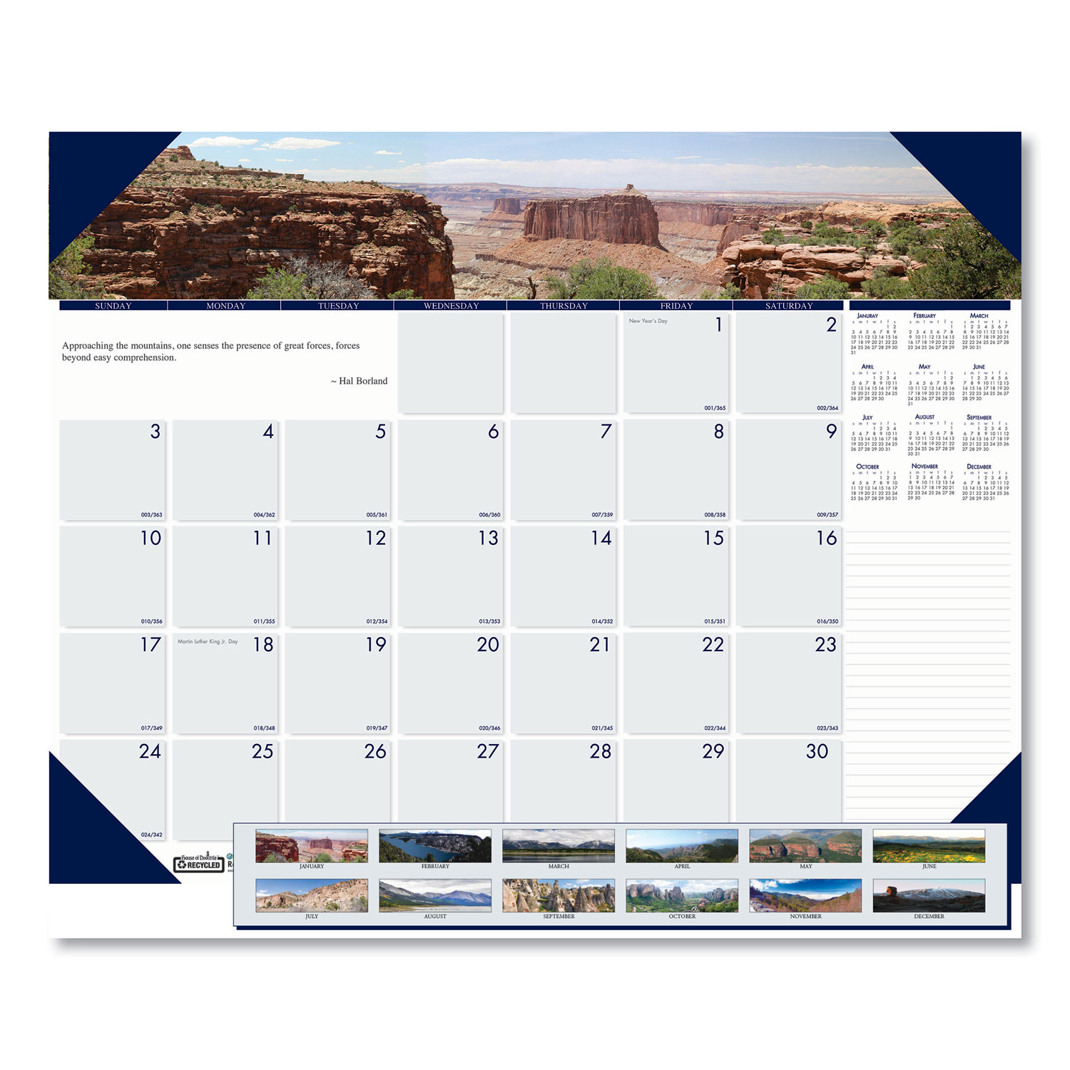 Recycled Mountains of the World Photo Monthly Desk Pad Calendar, 22 x 17, 2022