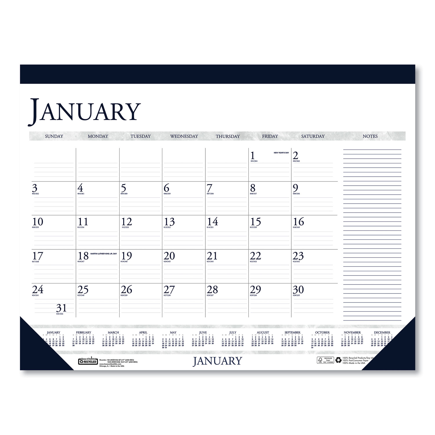 Recycled Two-Color Monthly Desk Calendar with Large Notes Section, 18.5 x13, 2022