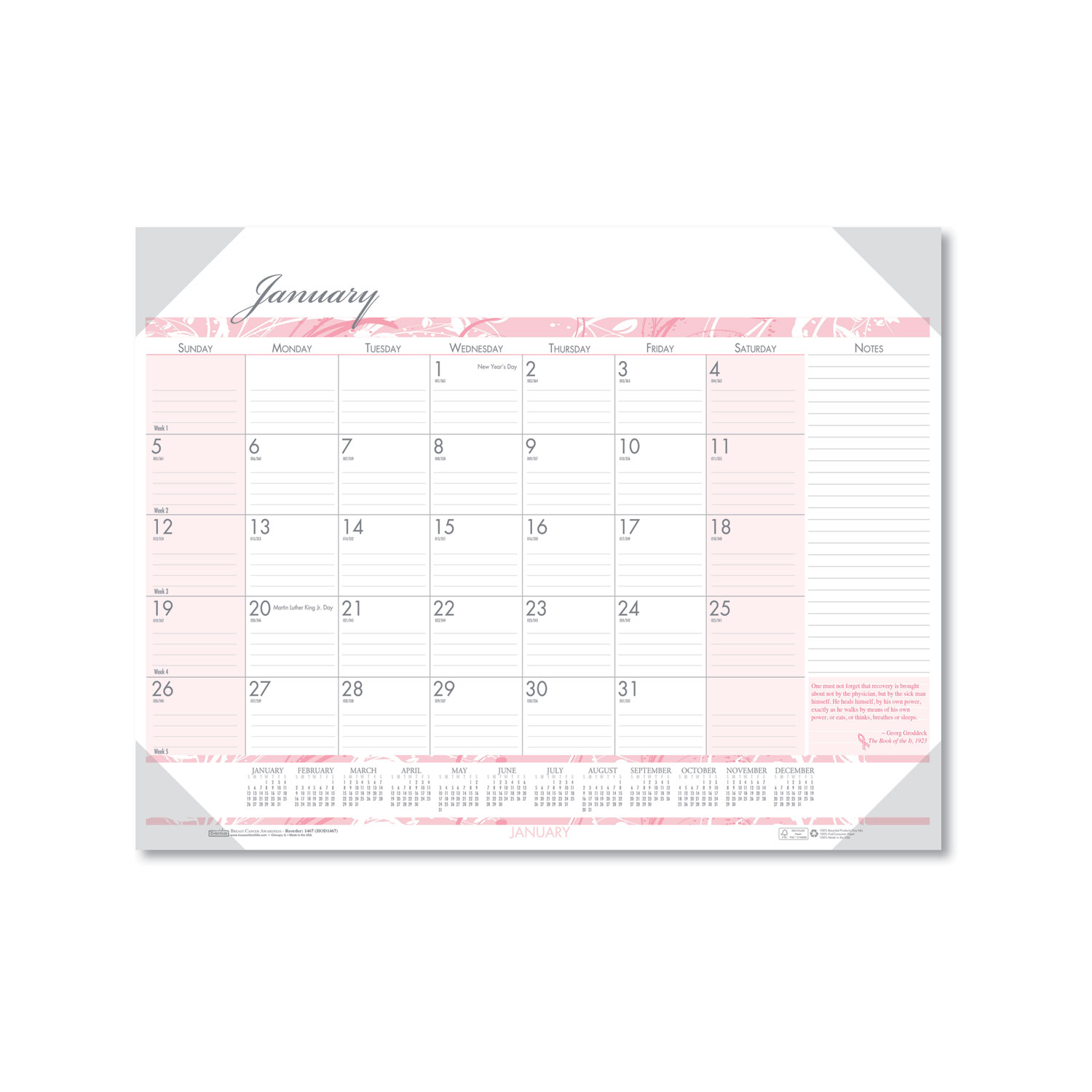  House of Doolittle 1467 Recycled Breast Cancer Awareness Monthly Desk Pad Calendar, 22 x 17, 2020 (HOD1467) 