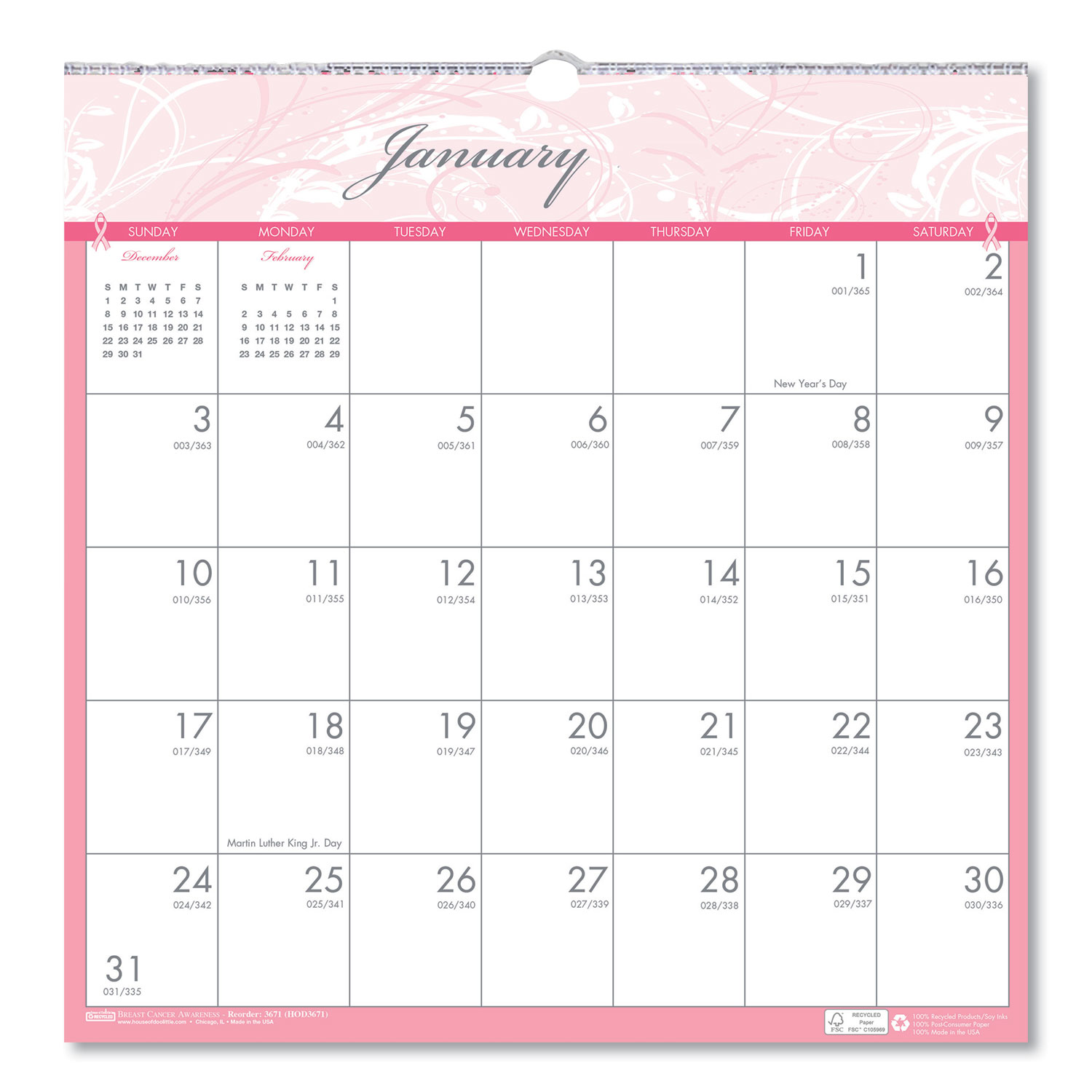  House of Doolittle 3671 Recycled Breast Cancer Awareness Monthly Wall Calendar, 12 x 12, 2020 (HOD3671) 