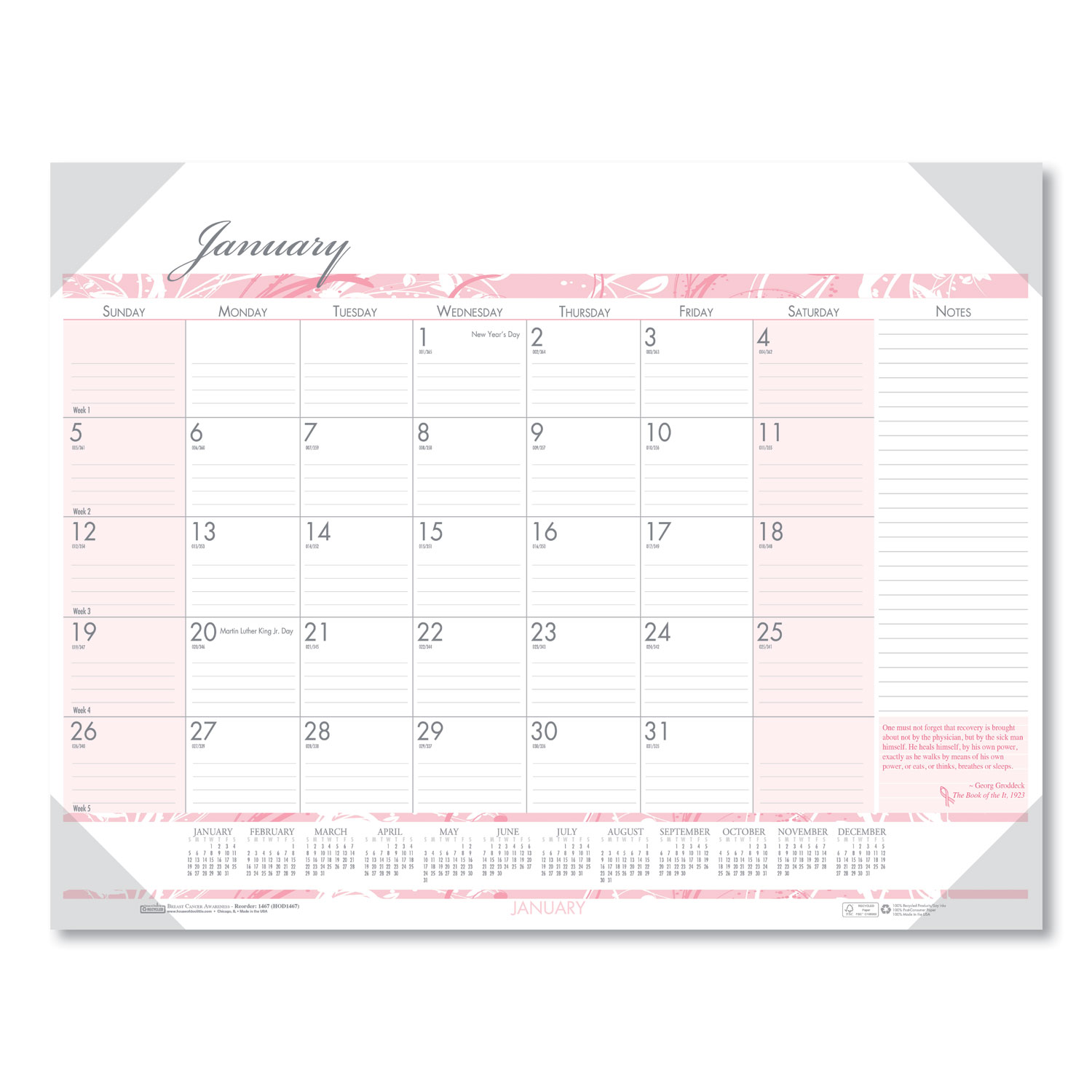  House of Doolittle 1466 Recycled Breast Cancer Awareness Monthly Desk Pad Calendar, 18 1/2 x 13, 2020 (HOD1466) 