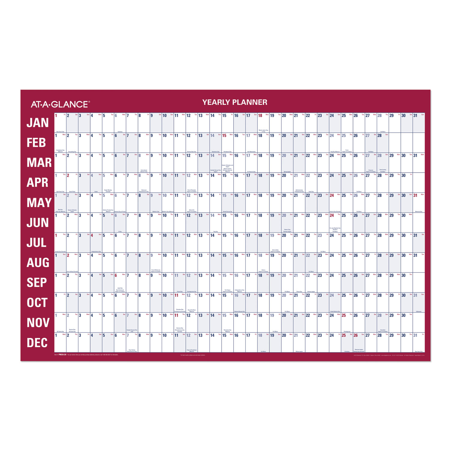  AT-A-GLANCE PM28-28 Horizontal Erasable Wall Planner, 36 x 24, White/Red, 2020 (AAGPM2828) 
