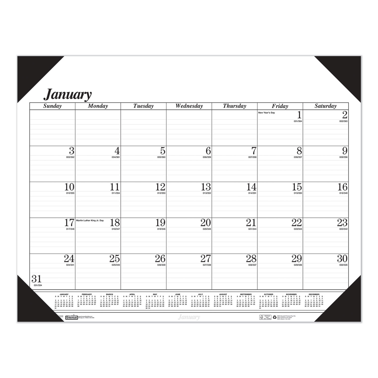 Recycled Workstation-Size One-Color Monthly Desk Pad Calendar, 18.5 x 13, 2022
