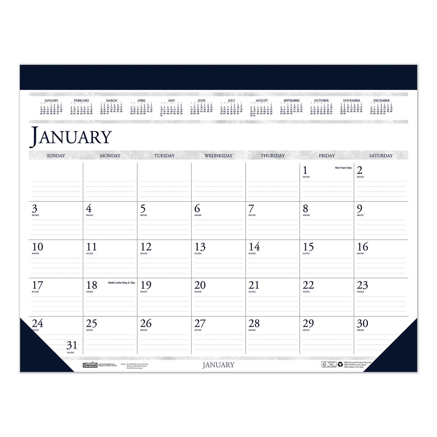 Recycled Two-Color Monthly Desk Pad Calendar, 18.5 x 13, 2022