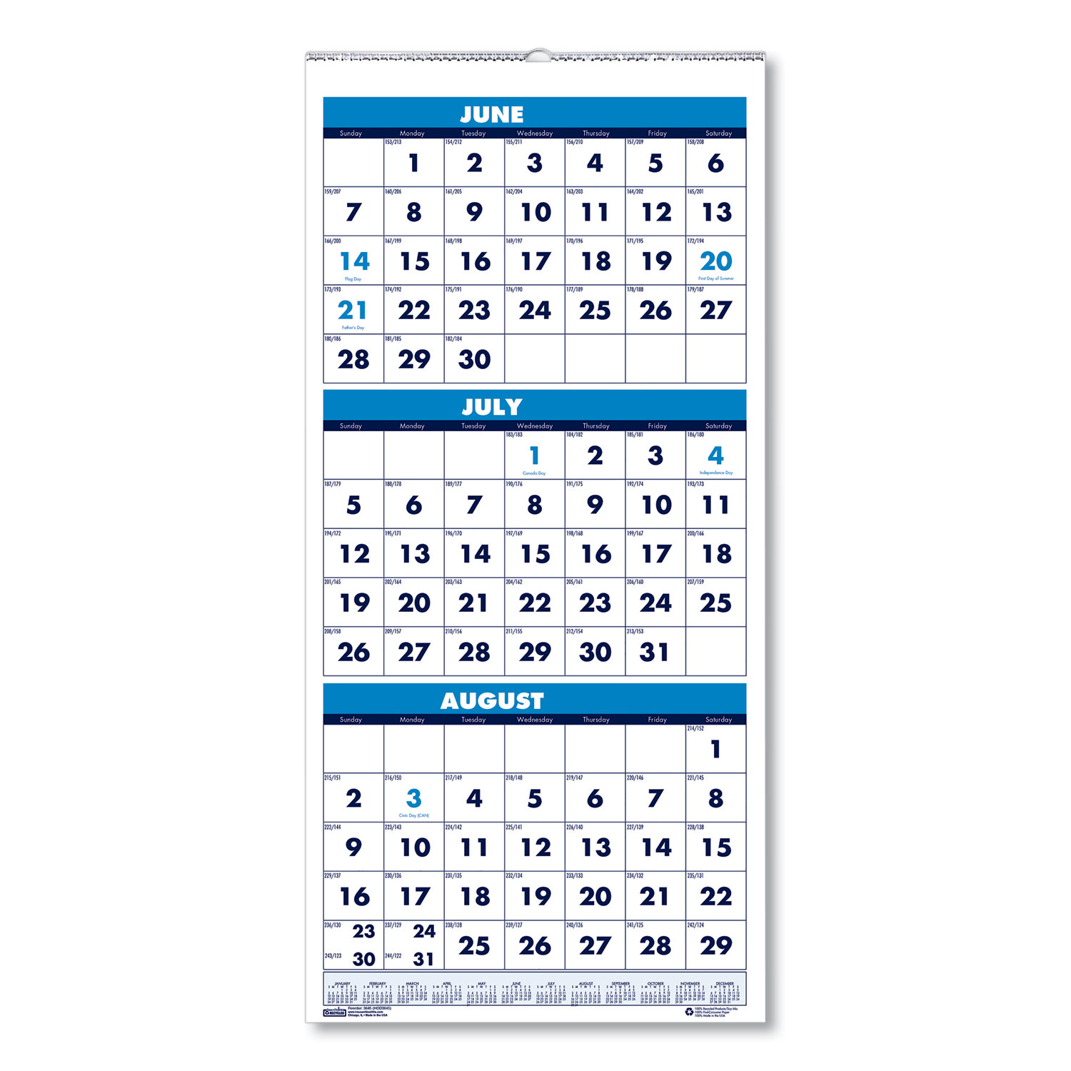  House of Doolittle 3645 Three-Month Academic Wall Calendar, 8 x 17, 14-Month (June-July), 2020-2021 (HOD3645) 