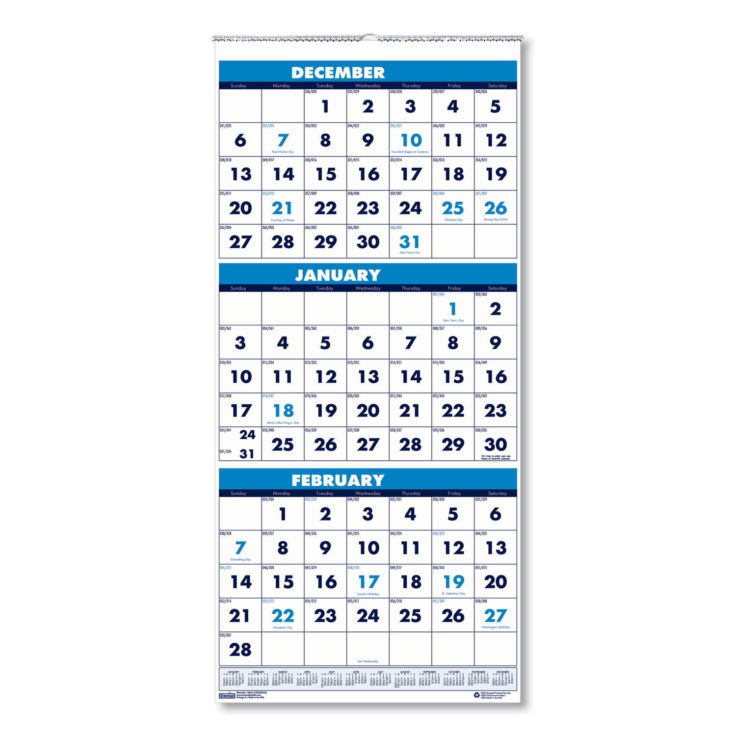  House of Doolittle 3646 Recycled Three-Month Format Wall Calendar, 8 x 17, 14-Month (Dec-Jan) 2019-2021 (HOD3646) 