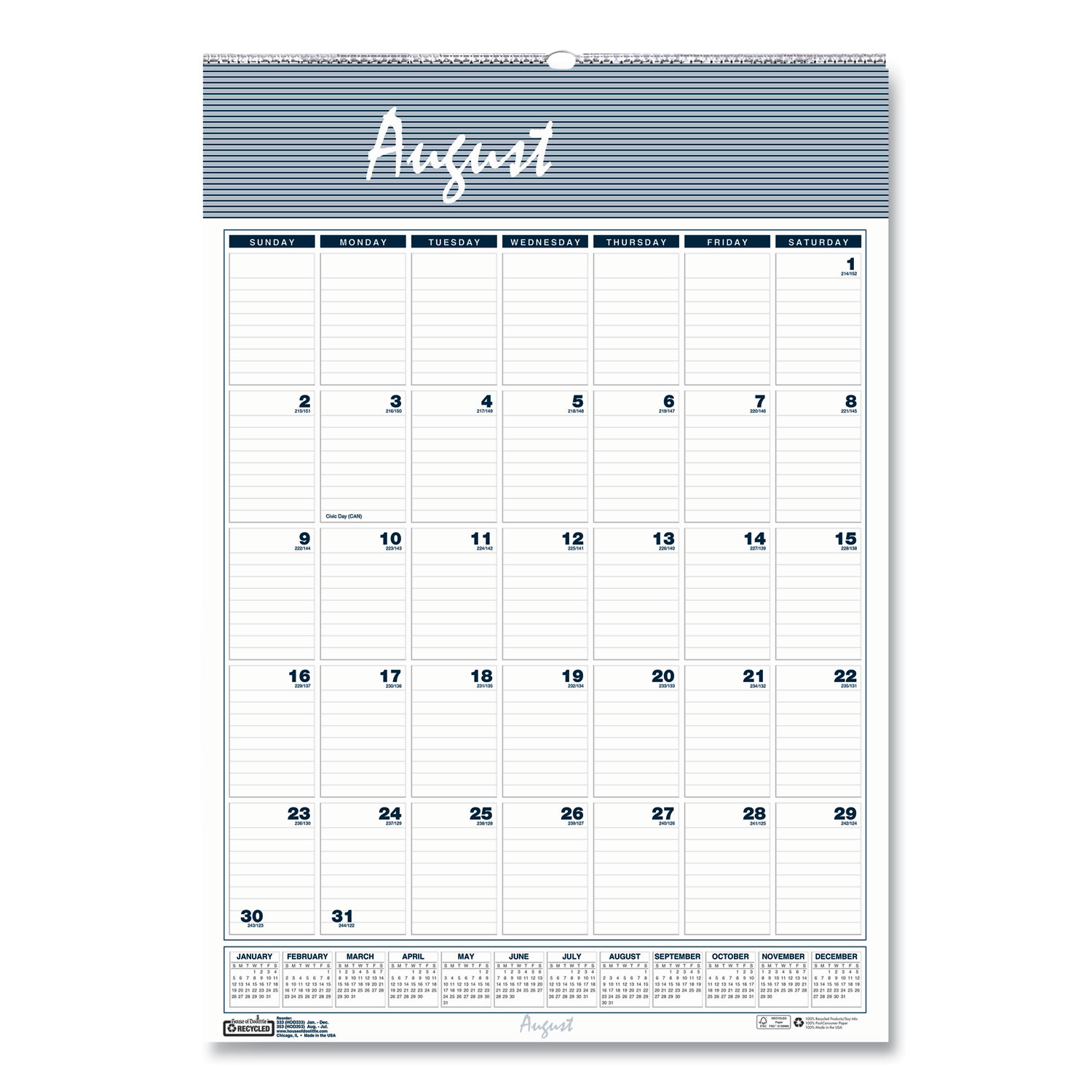Recycled Bar Harbor Wirebound Academic Monthly Wall Calendar, 12 x 17, 2022-2023