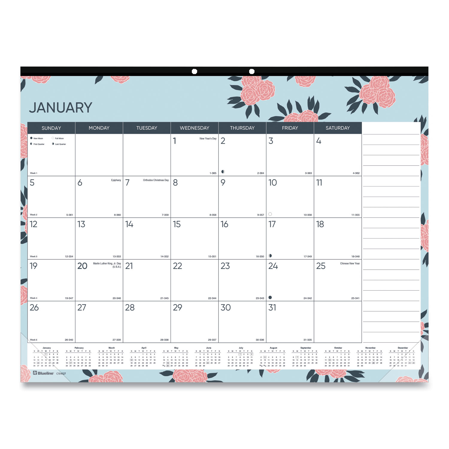 Blueline® Trendy Monthly Desk Pad, 22 x 17, Coral Flowers, 2021