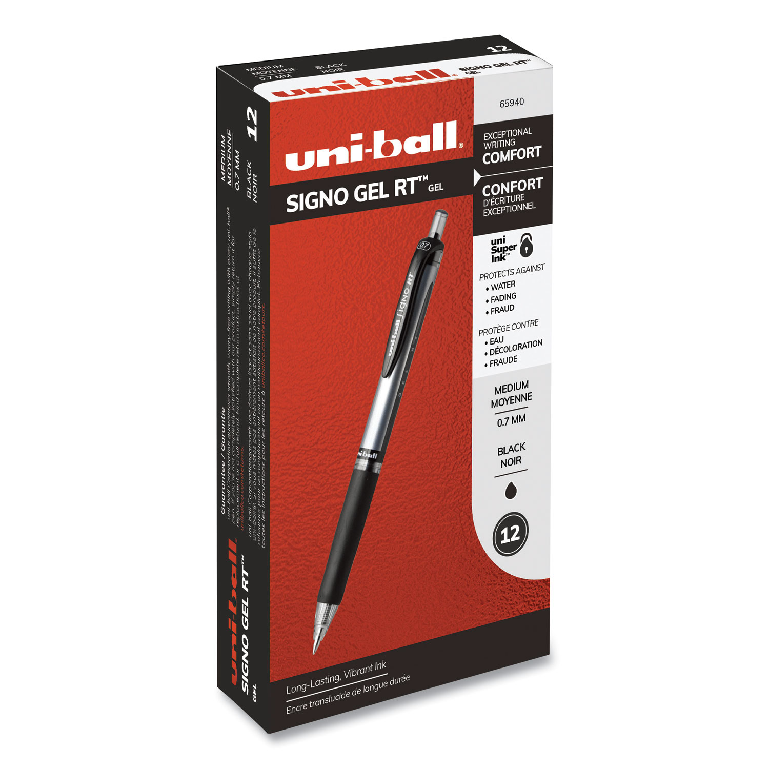 Signo Retractable Gel Pen, 0.7mm, Black Ink, Black/Metallic Barrel, Dozen