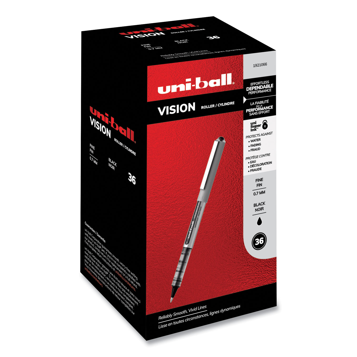  uni-ball 1921066 VISION Stick Roller Ball Pen, Fine 0.7mm, Black Ink, Silver Barrel, 36/Pack (UBC1921066) 