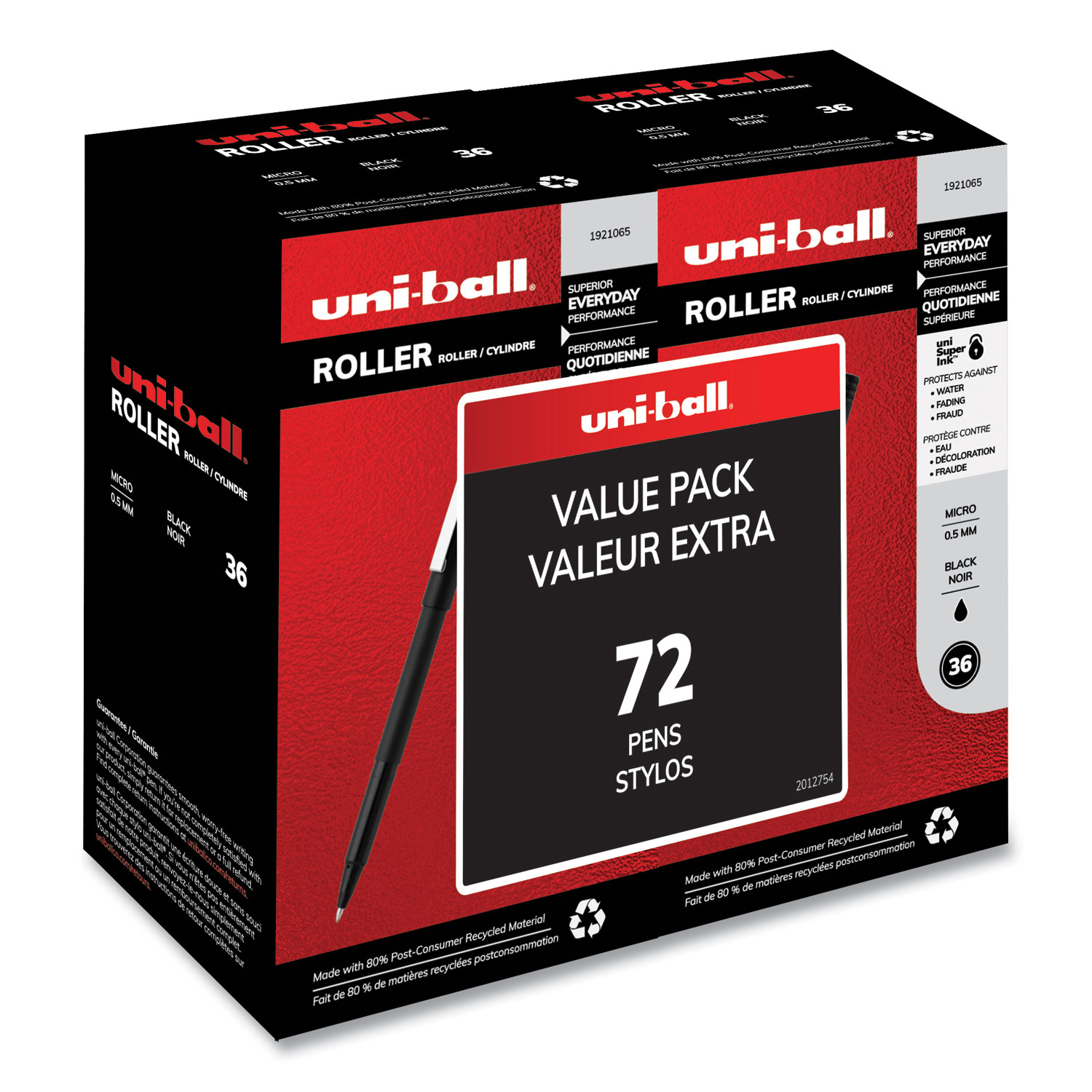  uni-ball 2013565 Stick Roller Ball Pen, Micro 0.5mm, Black Ink/Barrel, 72/Pack (UBC2013565) 