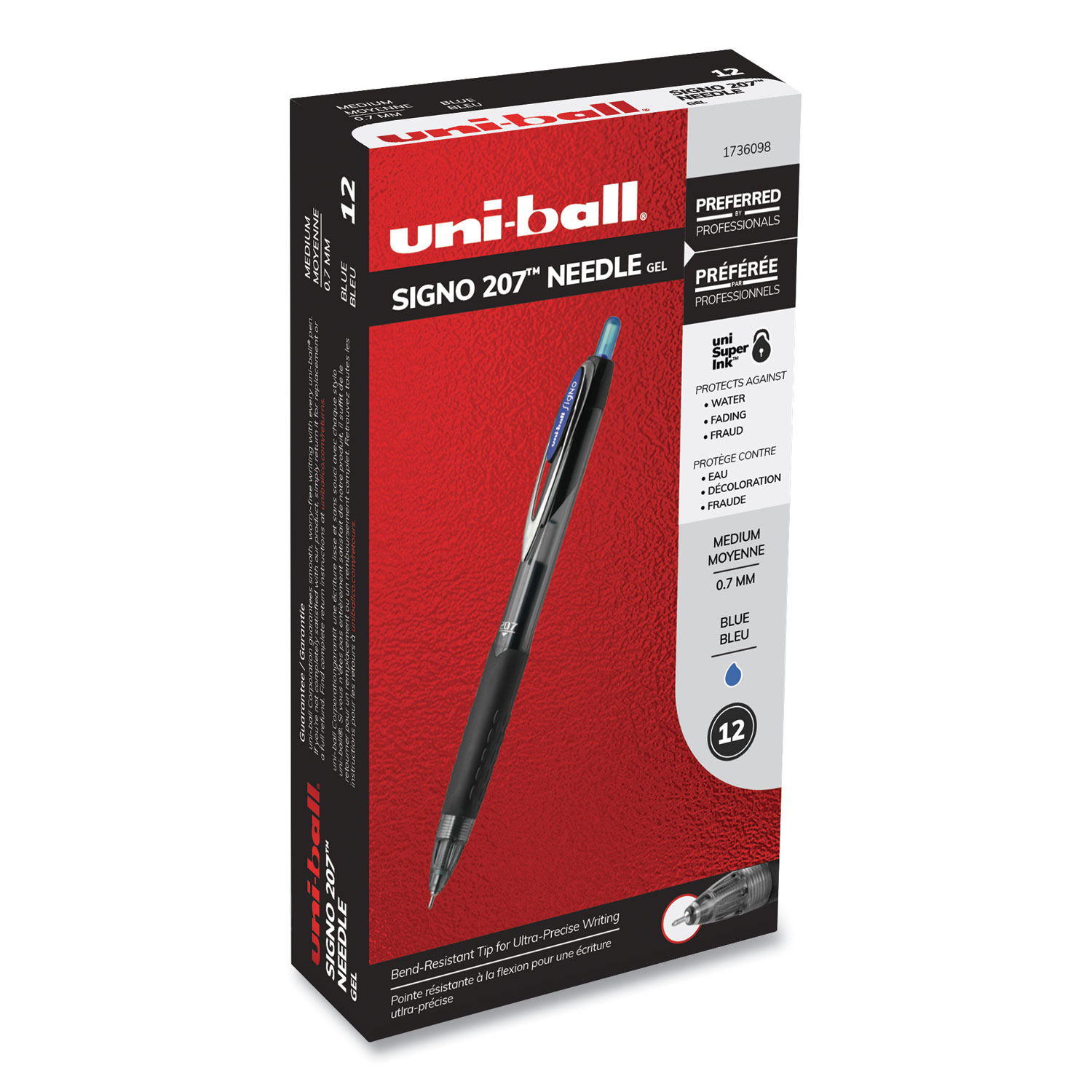  uni-ball 1736098 Signo 207 Needle Point Retractable Gel Pen, 0.7mm, Blue Ink, Black Barrel, Dozen (UBC1736098) 
