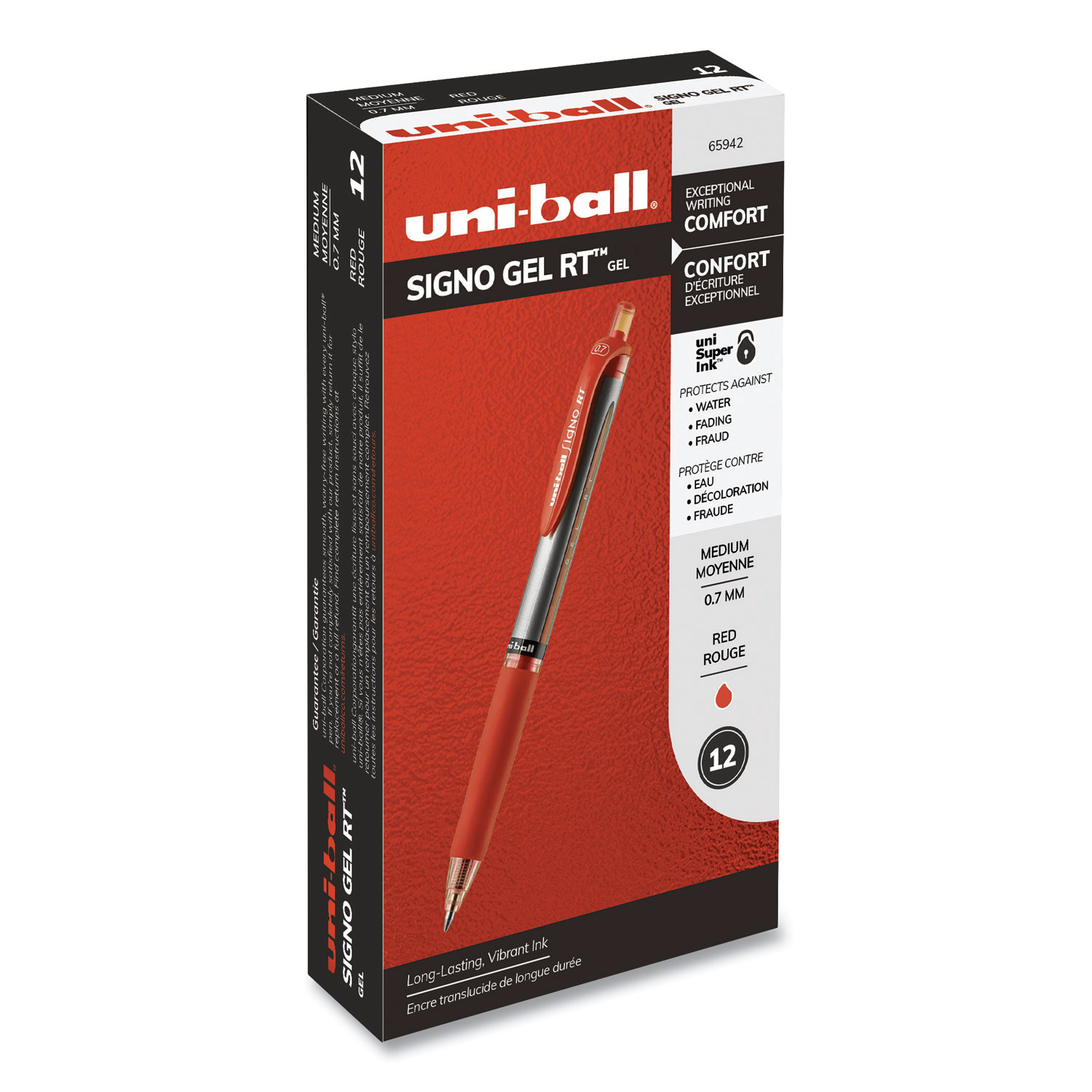  uni-ball 65942 Signo Retractable Gel Pen, 0.7mm, Red Ink, Red/Metallic Barrel, Dozen (UBC65942) 