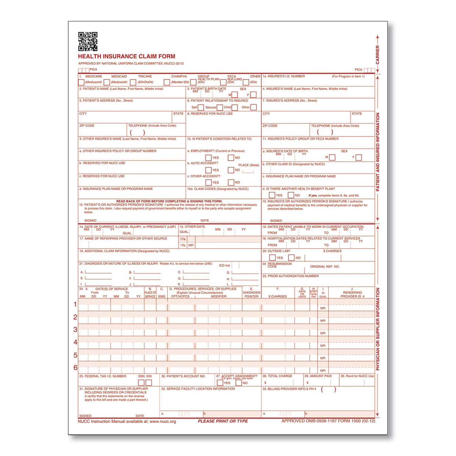 Adams® CMS Health Insurance Claim Form, One-Part, 8.5 x 11, 100 Forms
