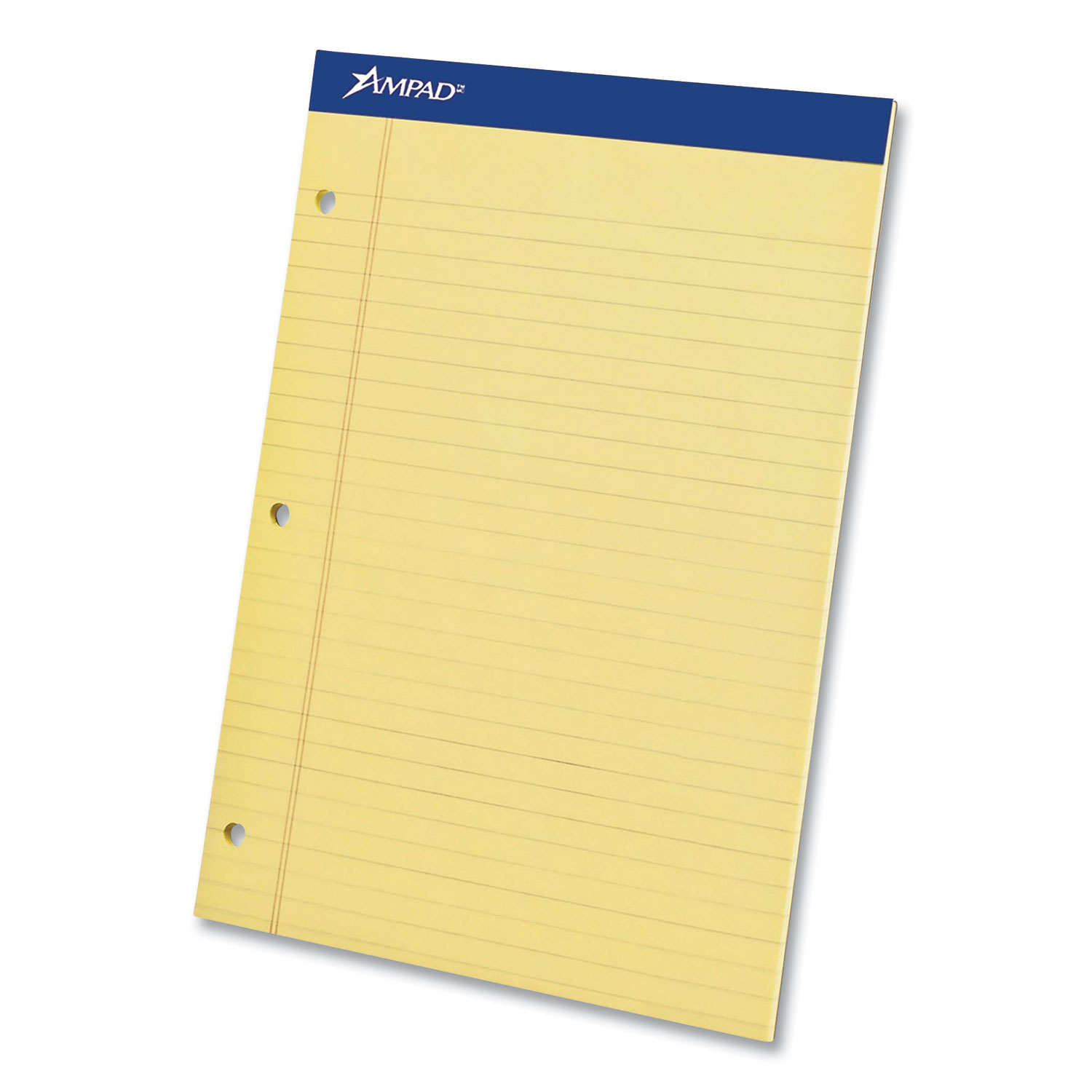 Ampad® Perforated Writing Pads, 3-Hole Side Punched, Wide/Legal Rule, 8.5 x 11.75, Canary, 50 Sheets, Dozen