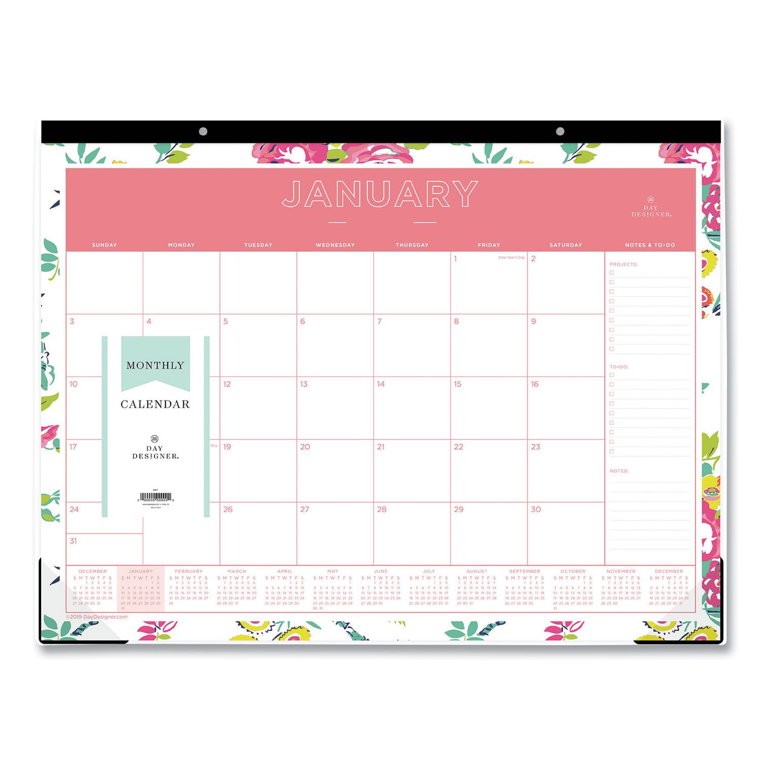 Blue Sky® Day Designer Peyton Desk Pad Calendar, Floral Artwork, 22 x