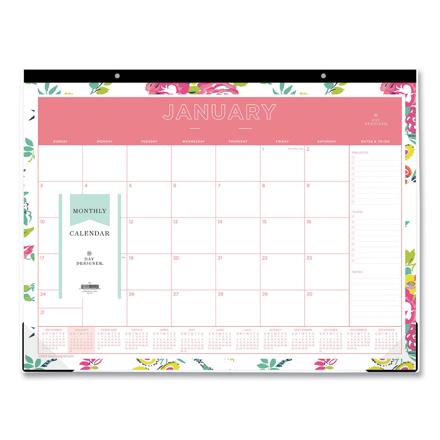 Blue Sky Day Designer Peyton Desk Pad Calendar Floral Artwork 22 X 