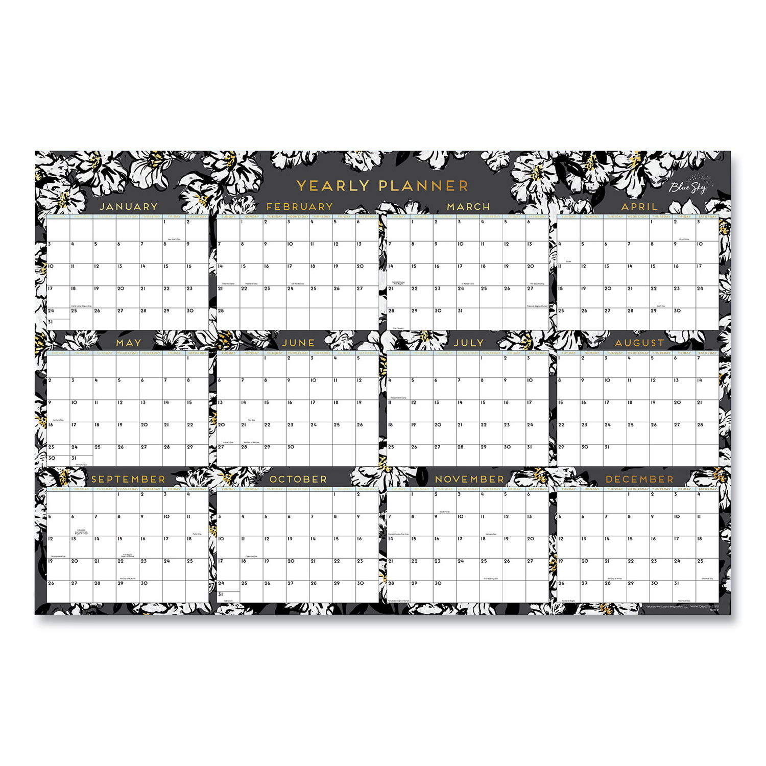 Baccara Dark Laminated Erasable Wall Calendar Floral Artwork 36 X 24