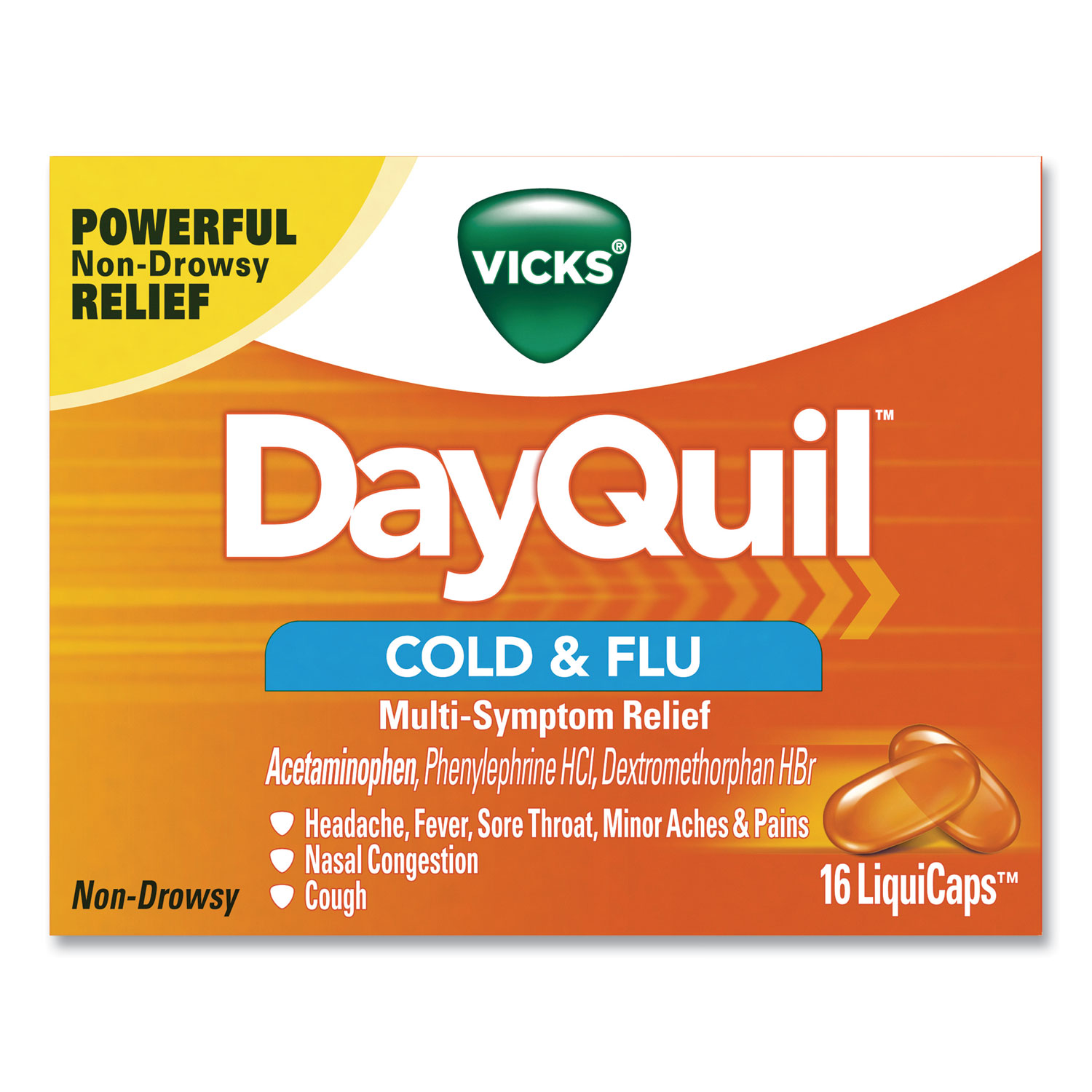  DayQuil 01442 Cold and Flu Multi-Symptom Relief LiquiCaps, 16/Box (PGC1290284) 
