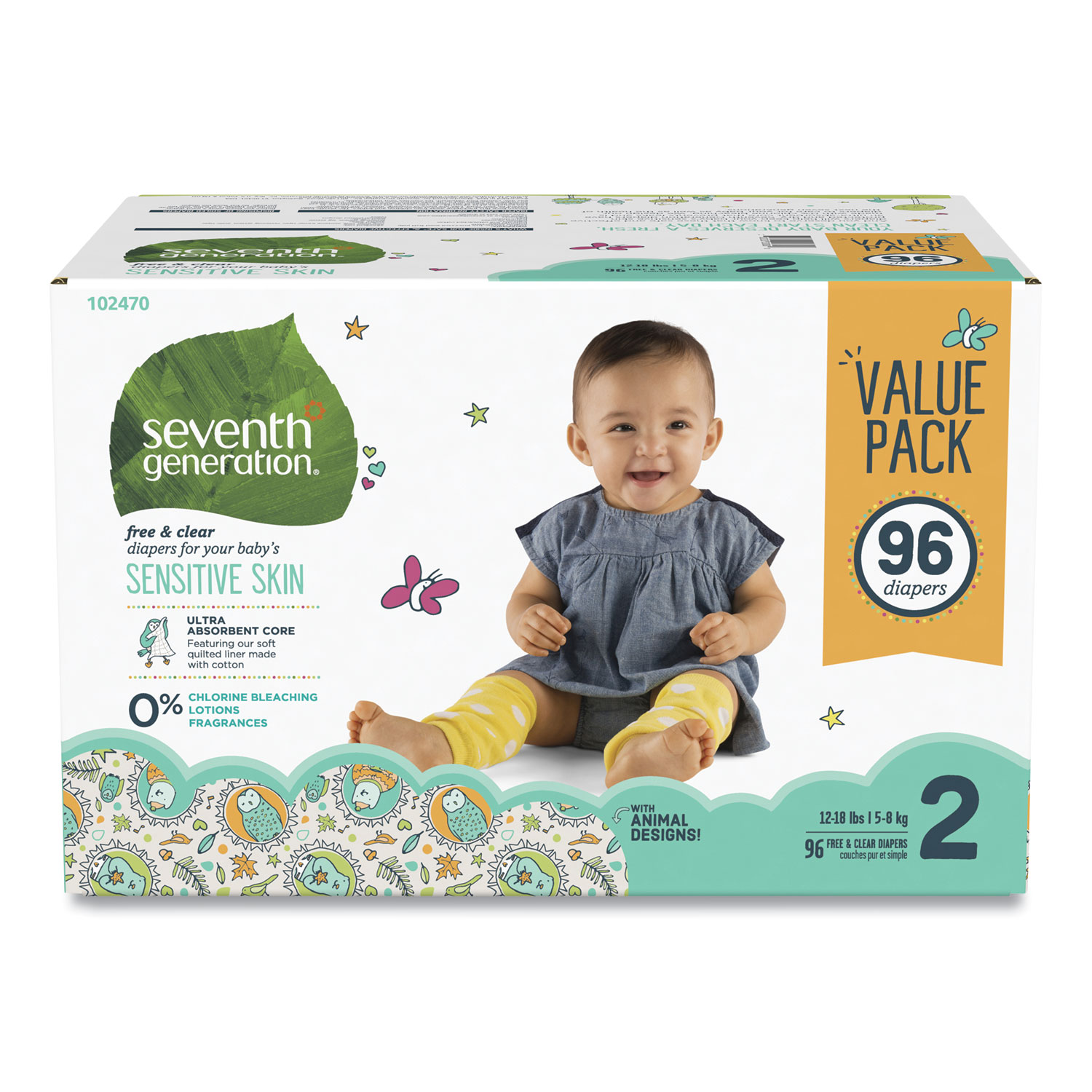 Seventh Generation® Free and Clear Baby Diapers, Size 2, 12 lbs to 18 lbs, 96/Carton