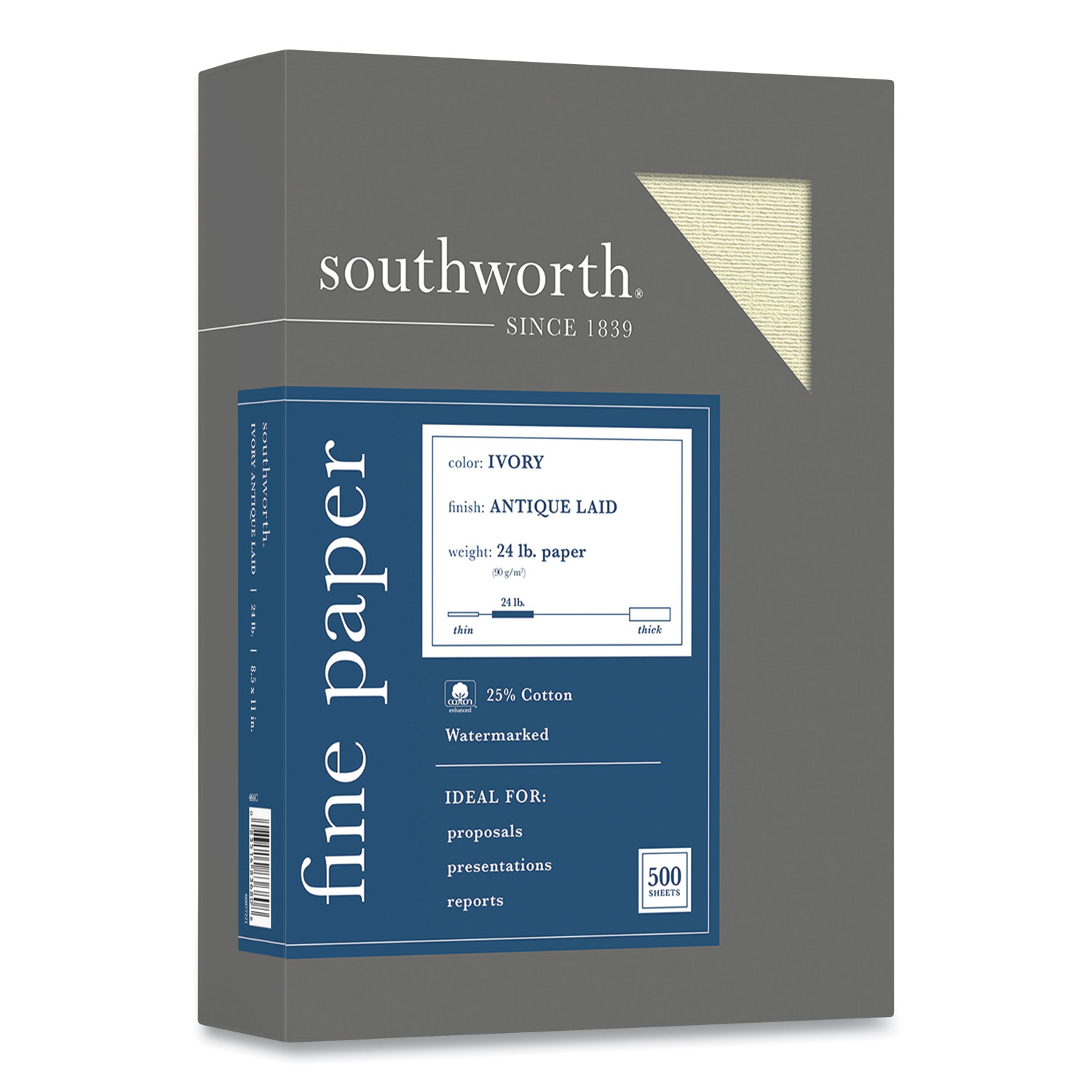  Southworth 464C 25% Cotton Business Paper, 24 lb, 8.5 x 11, Ivory, 500/Ream (SOU721233) 