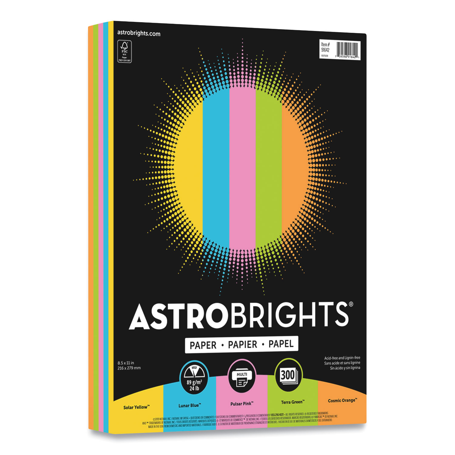  Astrobrights 91642 Color Paper - Radiant Assortment, 24lb, 8.5 x 11, Assorted Radiant Colors, 300/Pack (WAU24391643) 