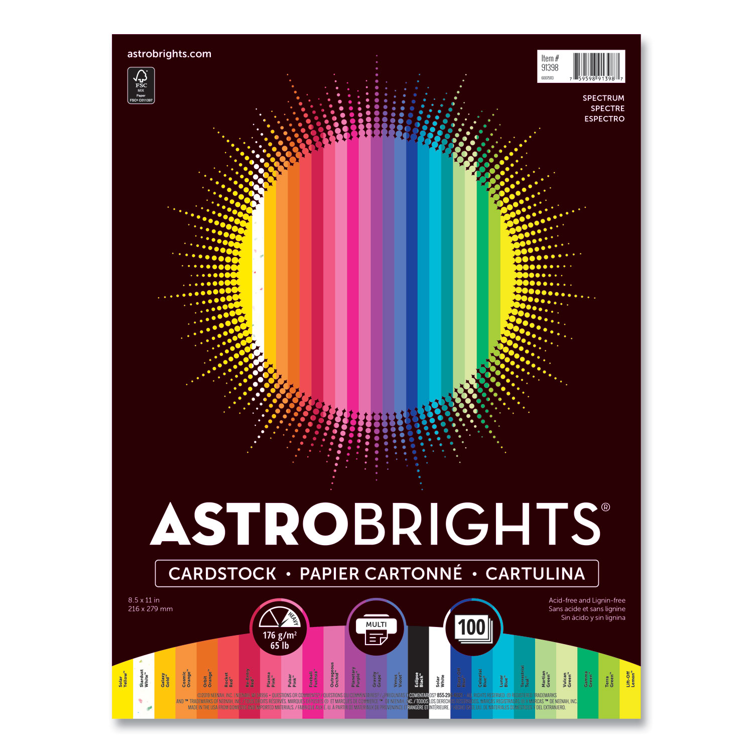 Astrobrights® Color Cardstock - Spectrum Assortment, 65lb, 8.5 x 11, Assorted Spectrum Colors, 100/Pack