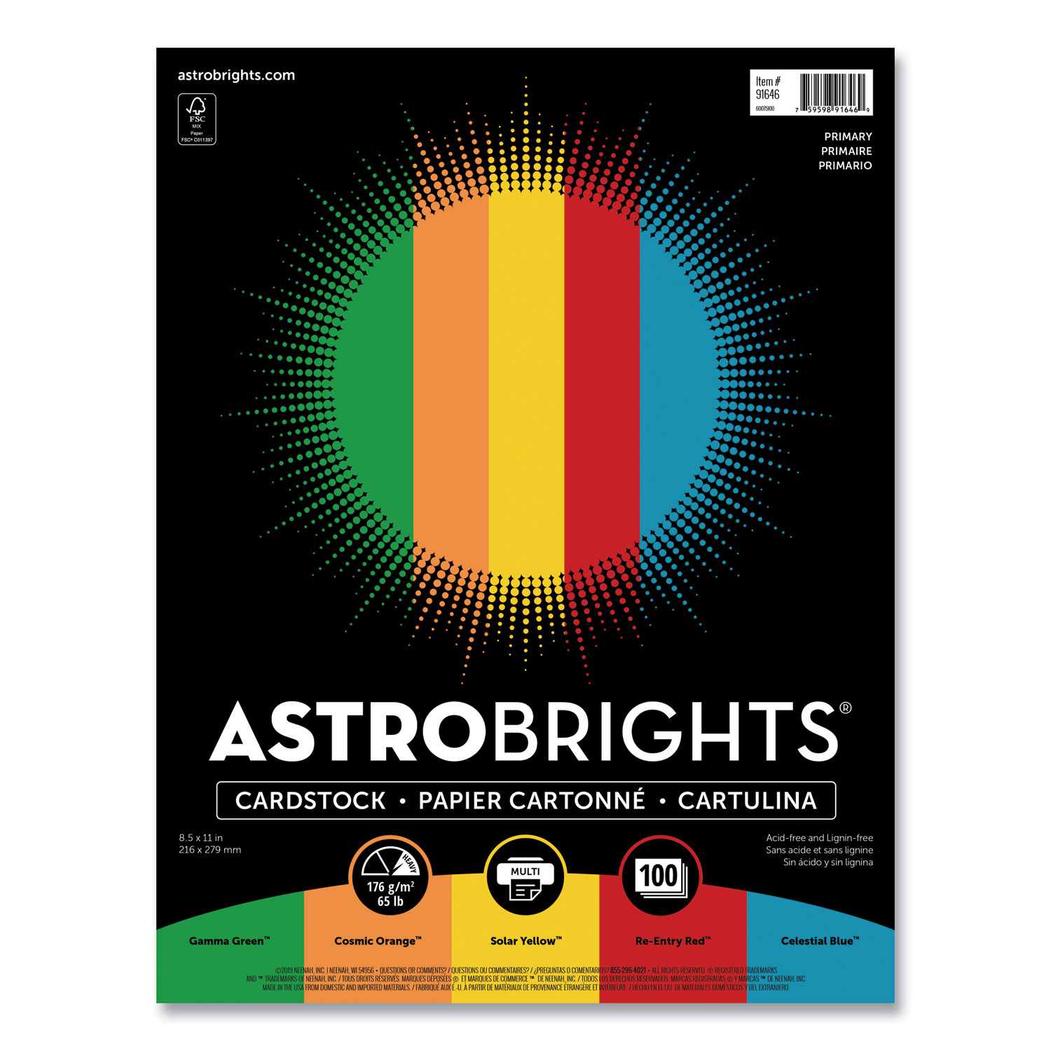 Astrobrights® Color Cardstock -Primary Assortment, 65lb, 8.5 x 11, Assorted Primary Colors, 100/Pack