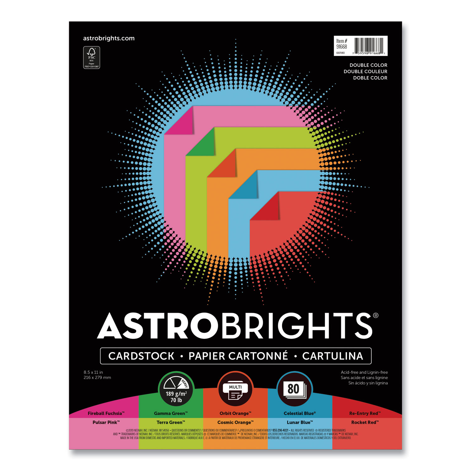  Astrobrights 91668 Double-Color Card Stock, 70lb, Assorted Colors, 8.5 x 11, 80/Pack (WAU24396497) 