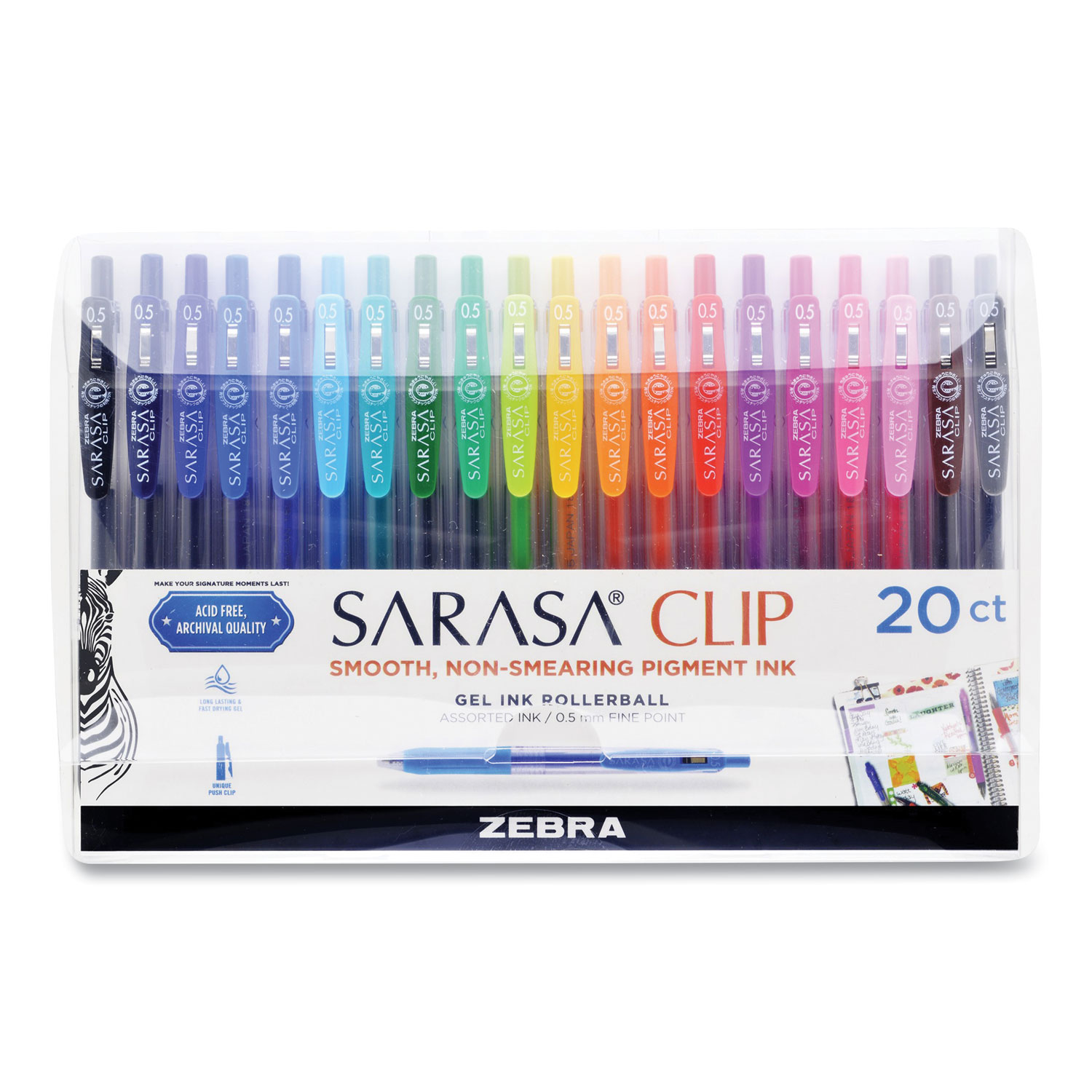 Zebra® Sarasa Clip Gel Retractable, Fine 0.5 mm, Assorted Ink/Barrel, 20/Set