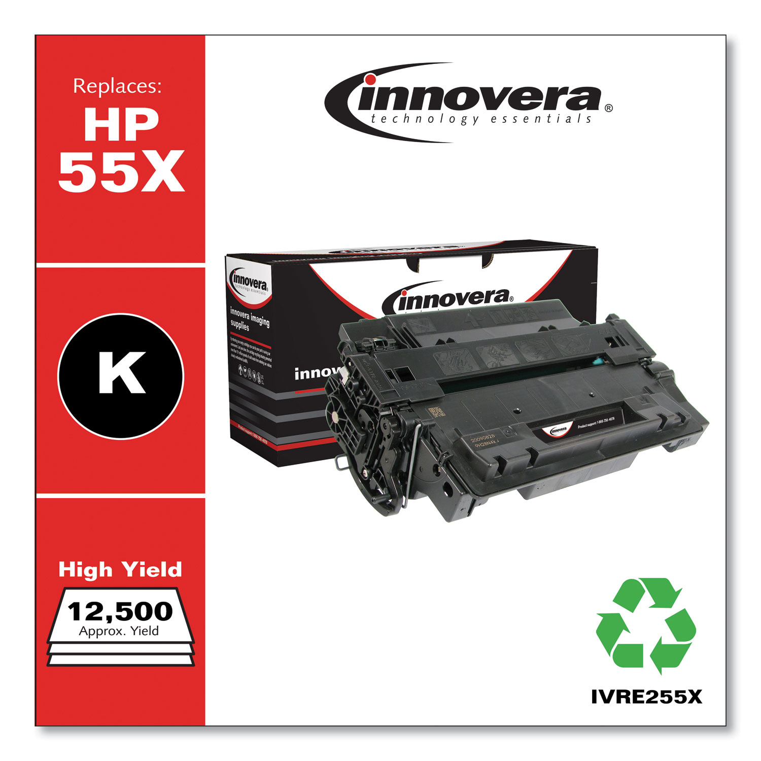  Innovera IVRE255X Remanufactured CE255X (55X) High-Yield Toner, 12500 Page-Yield, Black (IVRE255X) 