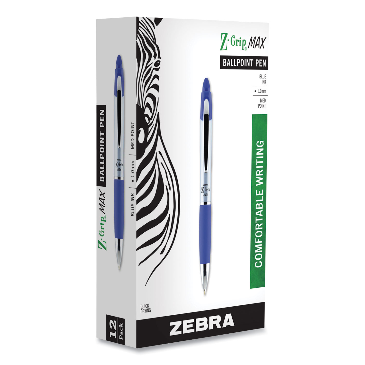  Zebra 22420 Z-Grip MAX Retractable Ballpoint Pen, Medium 1mm, Blue Ink, Silver Barrel, Dozen (ZEB22420) 