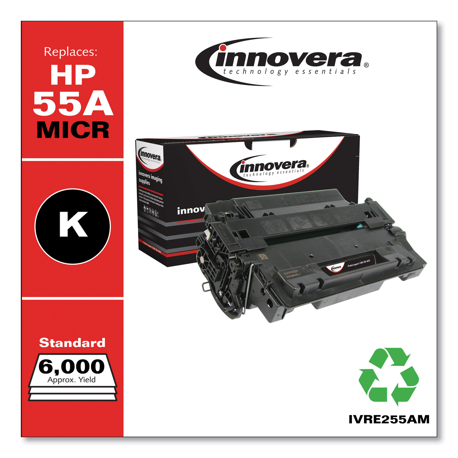  Innovera IVRE255AM Remanufactured CE255A(M) (55AM) MICR Toner, 6000 Page-Yield, Black (IVRE255AM) 