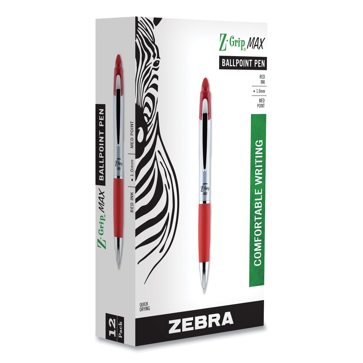  Zebra 22430 Z-Grip MAX Retractable Ballpoint Pen, Medium 1mm, Red Ink, Silver Barrel, Dozen (ZEB22430) 