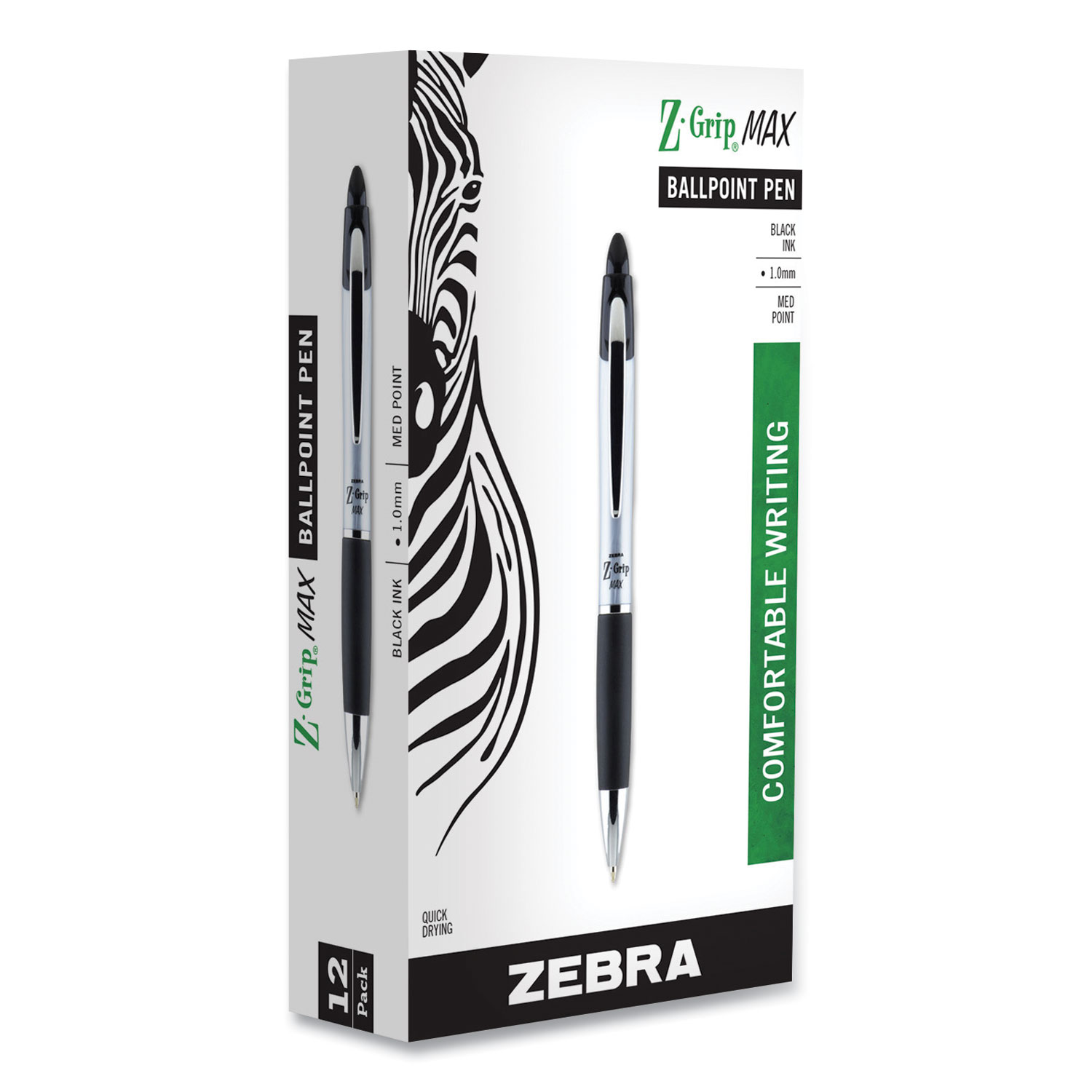  Zebra 22410 Z-Grip MAX Retractable Ballpoint Pen, 1mm, Black Ink, Silver Barrel, Dozen (ZEB22410) 