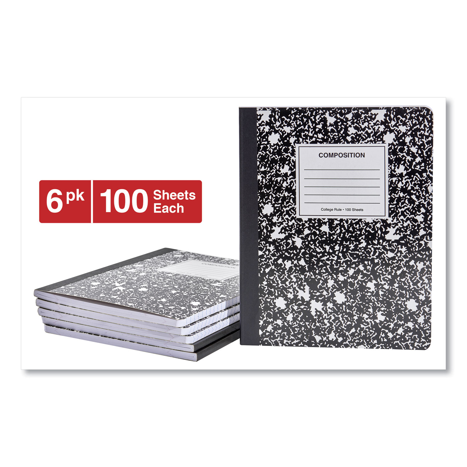  Universal UNV20946 Composition Book, Medium/College Rule, Black Marble, 9.75 x 7.5, 100 Sheets, 6/Pack (UNV20946) 
