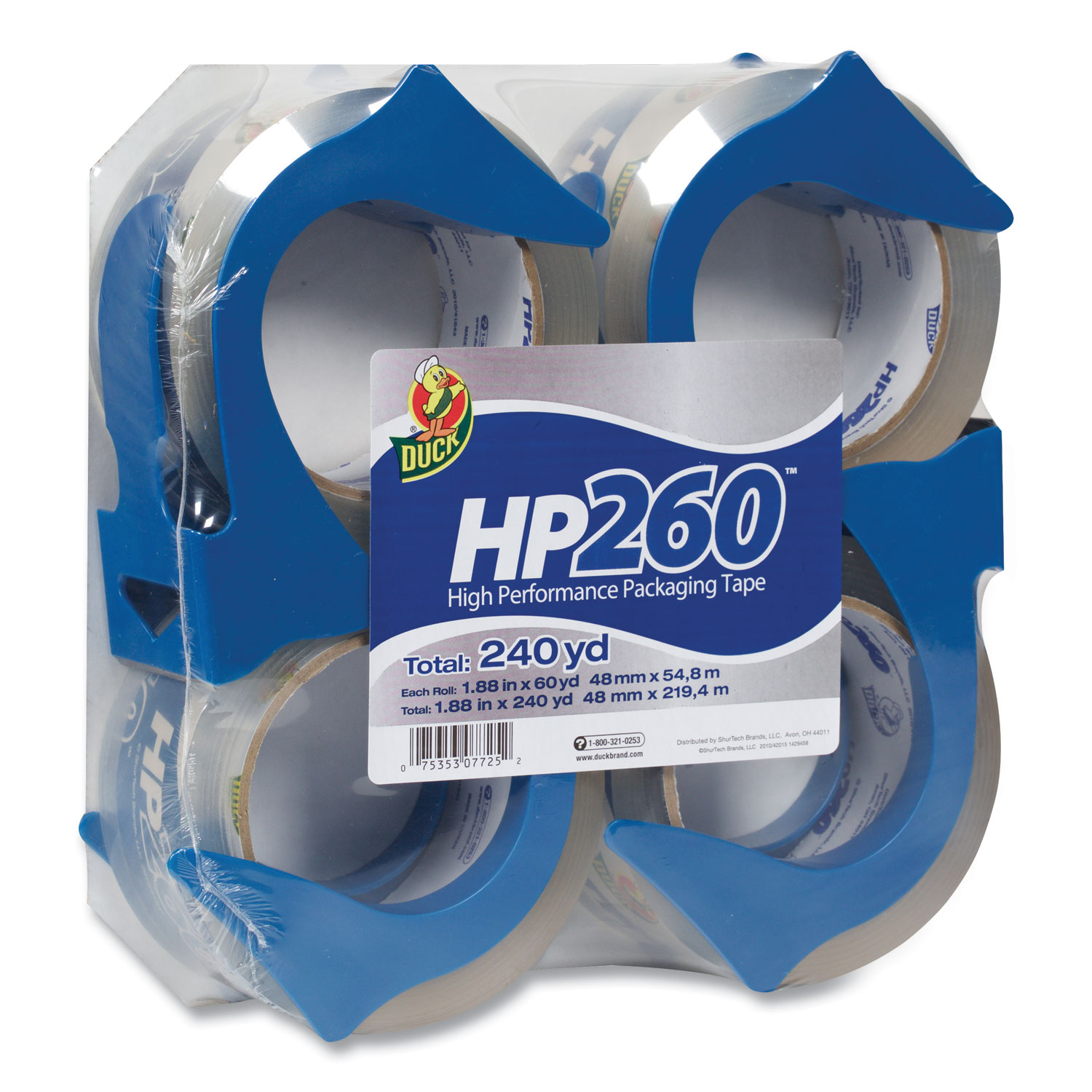  Duck 00-07725 HP260 Packaging Tape with Dispenser, 3 Core, 1.88 x 60 yds, Clear, 4/Pack (DUC0007725) 