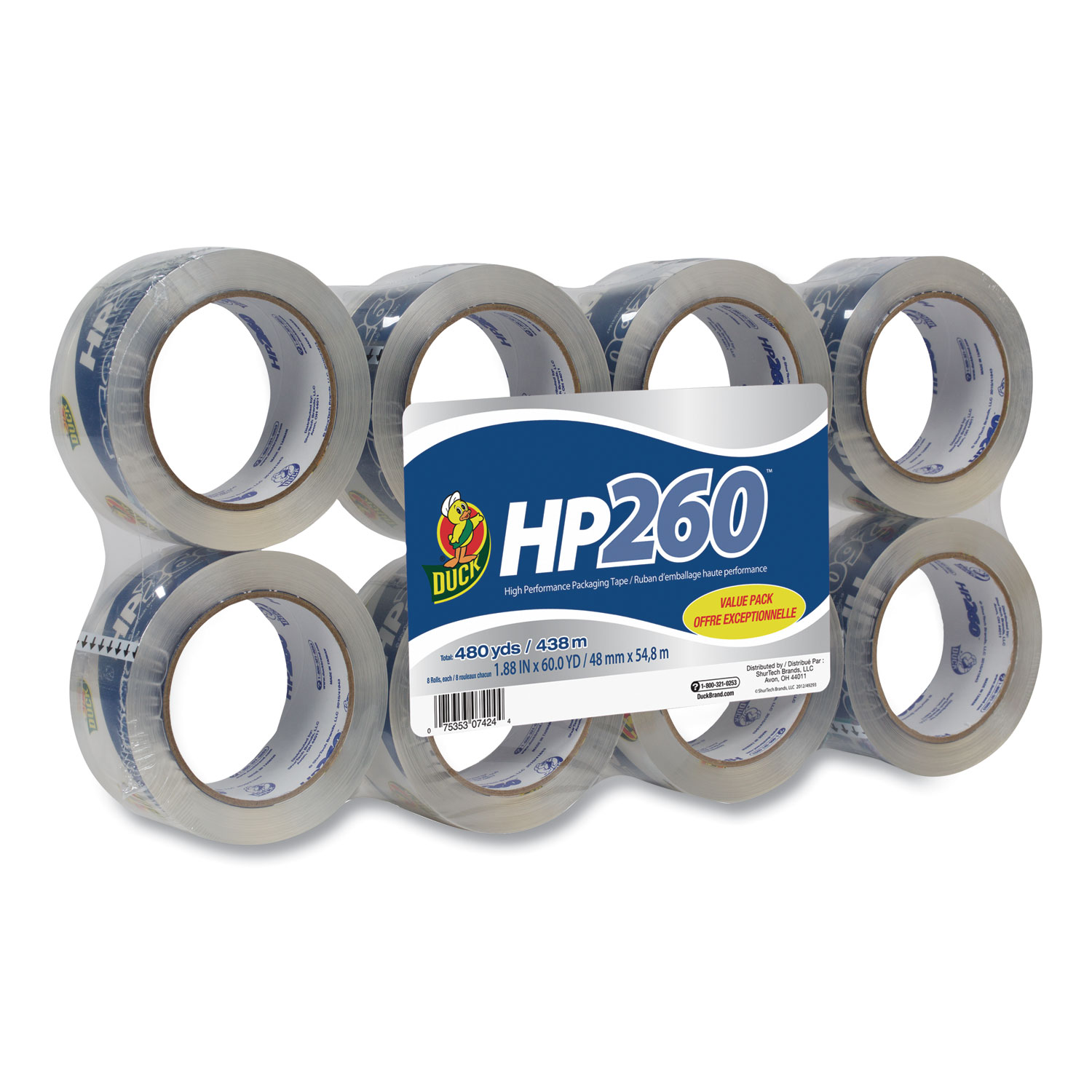  Duck 00-07424 HP260 Packaging Tape, 3 Core, 1.88 x 60 yds, Clear, 8/Pack (DUC0007424) 