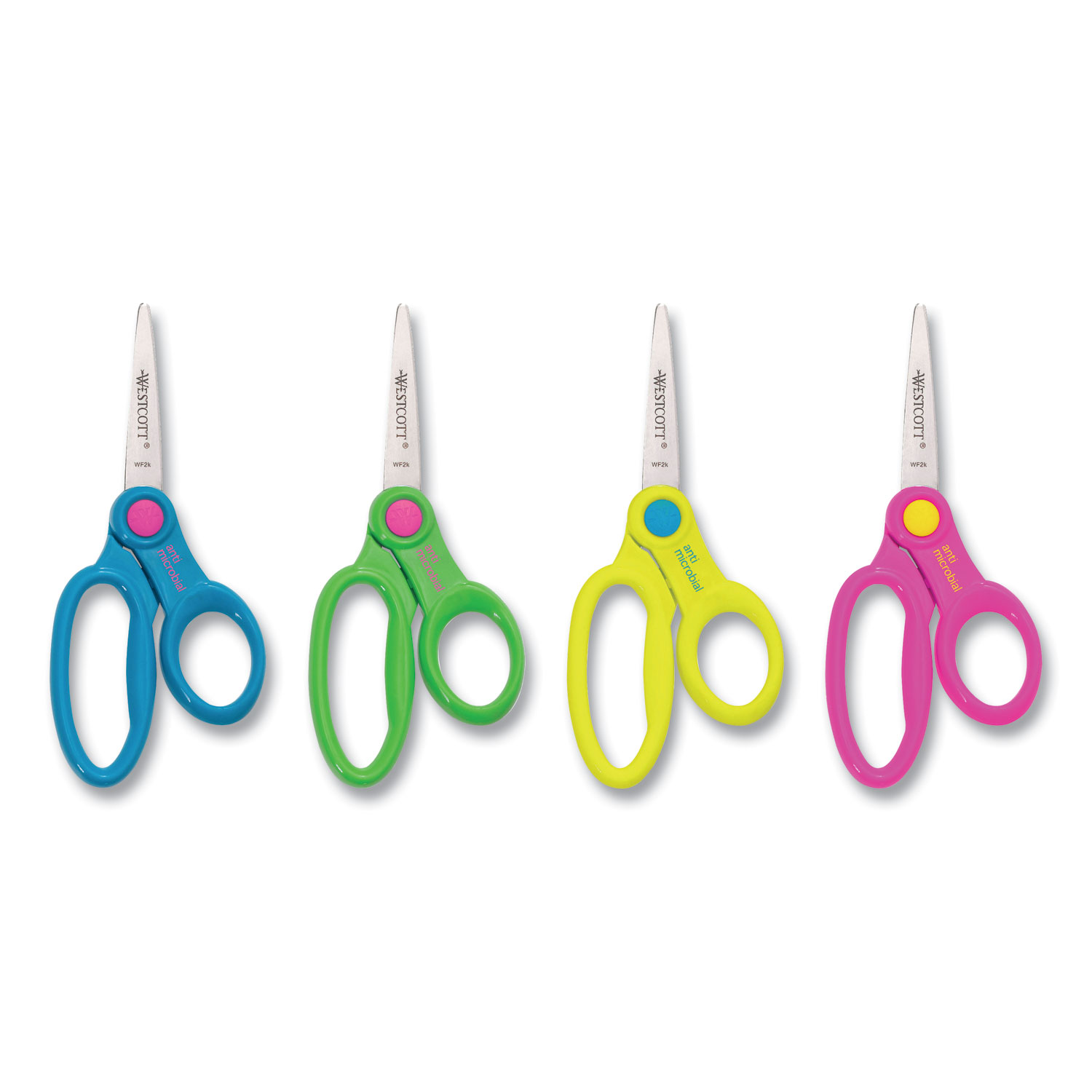 Scissor Caddy with Kids' Scissors, 5 Long, 2 Cut Length, Light Blue;  Light Green; Pink; Yellow, Straight Handles, 24/Set - Zerbee