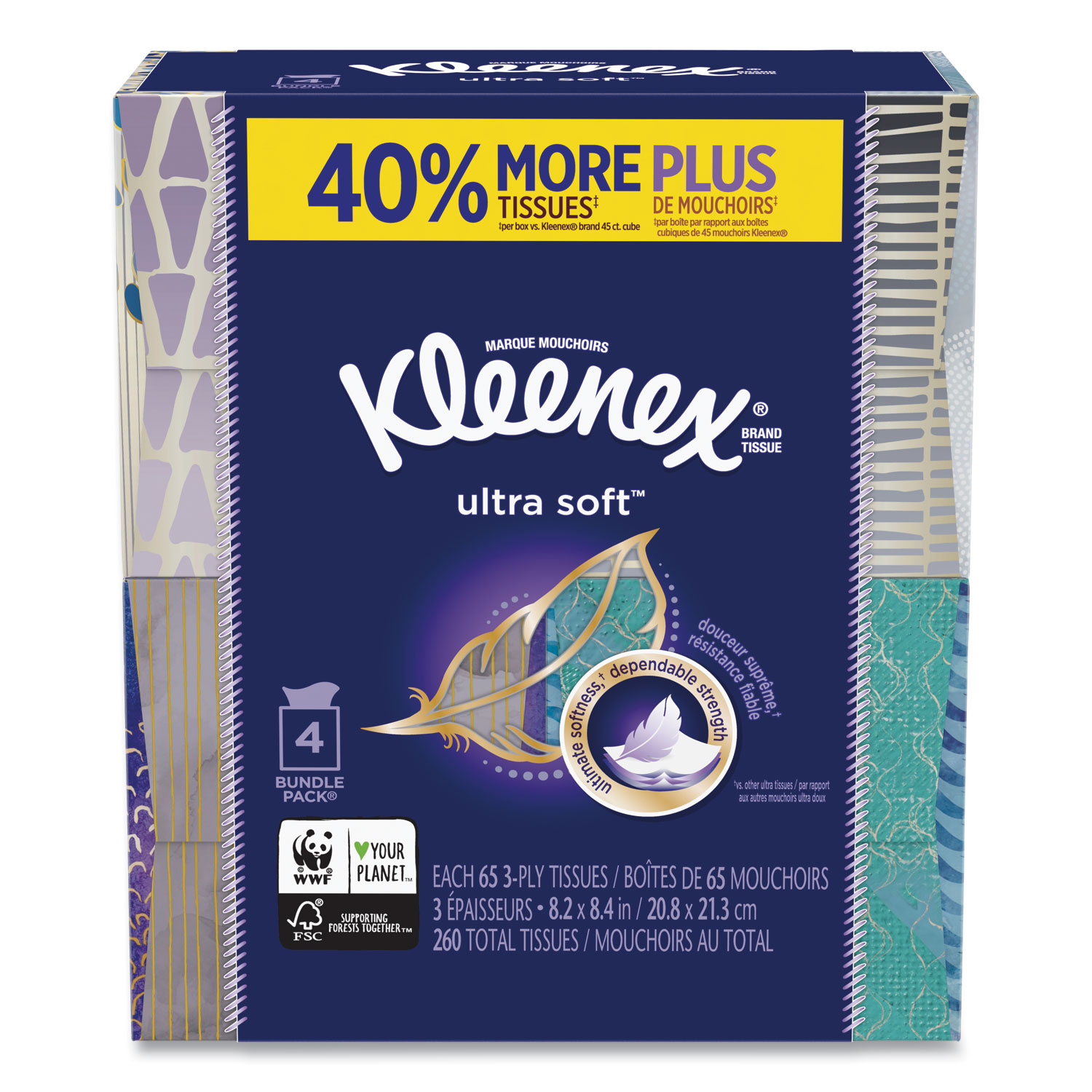  Kleenex 50173 Ultra Soft Facial Tissue, 3-Ply, White, 8.75 x 4.5, 65 Sheets/Box, 4 Boxes/Pack (KCC50173) 
