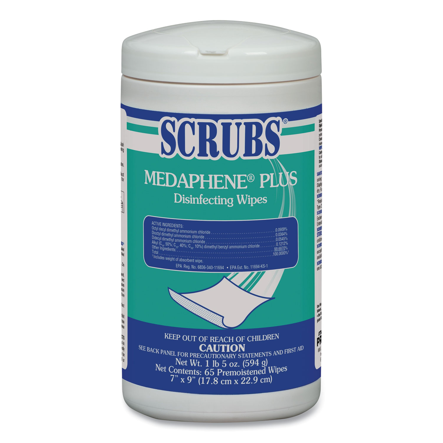  SCRUBS 96365 MEDAPHENE Plus Disinfecting Wipes, Citrus, 8 x 7, White, 65/Canister, 6/Carton (ITW96365) 