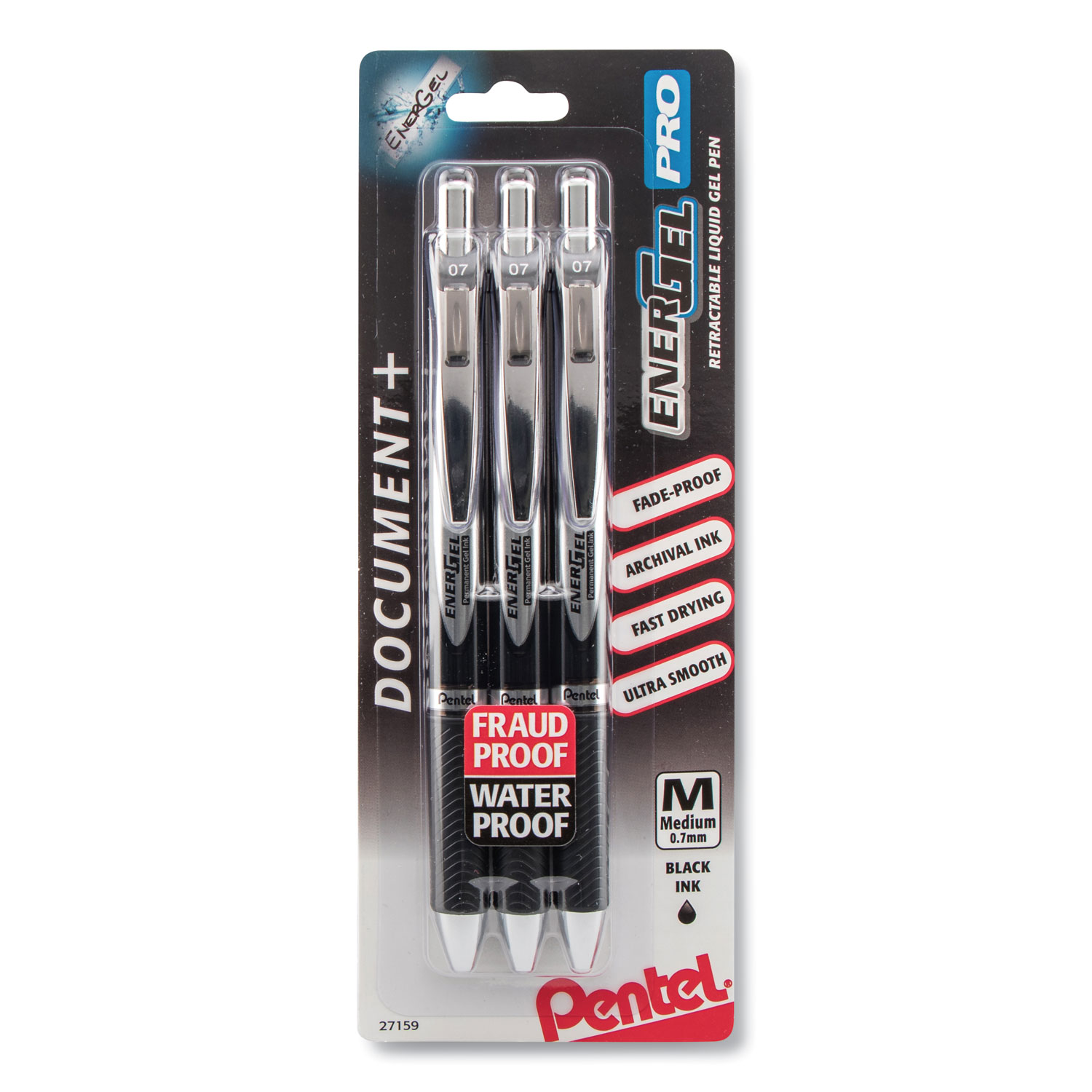  Pentel BLP77BP3A EnerGel PRO Retractable Gel Pen, Medium 0.7mm, Black Ink/Barrel, 3/Pack (PENBLP77BP3A) 