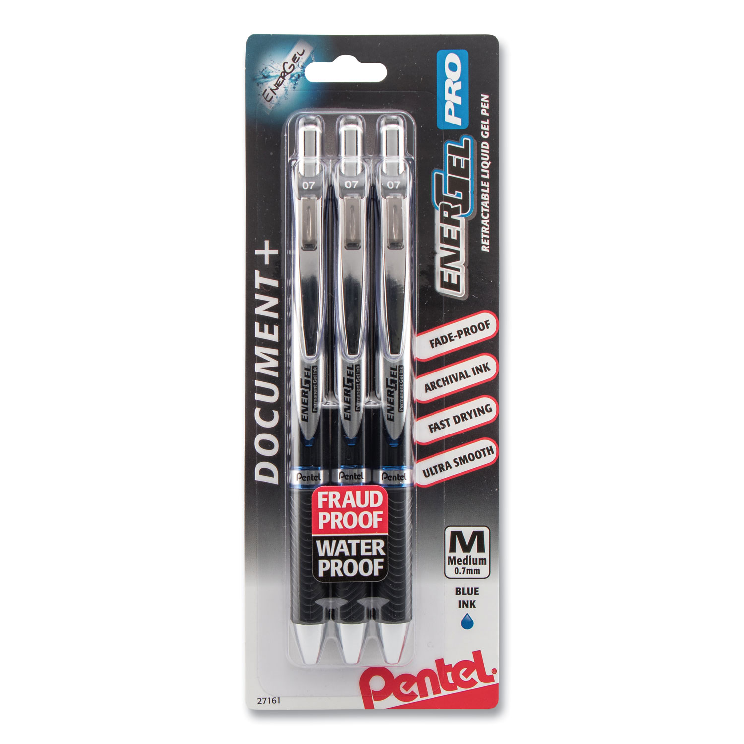 EnerGel PRO Retractable Gel Pen, Medium 0.7mm, Blue Ink, Black Barrel, 3/Pack