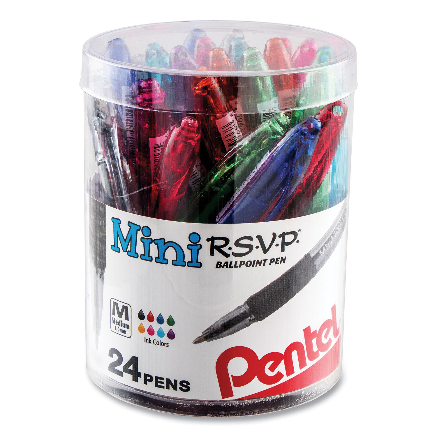  Pentel BK91MN24M R.S.V.P. Mini Stick Ballpoint Pen, Medium 1mm, Assorted Ink/Barrel, 24/Pack (PENBK91MN24M) 