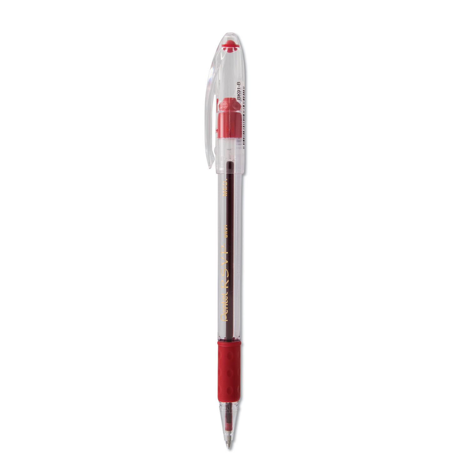  Pentel BK91B R.S.V.P. Stick Ballpoint Pen, Medium 1mm, Red Ink, Clear/Red Barrel, Dozen (PENBK91B) 