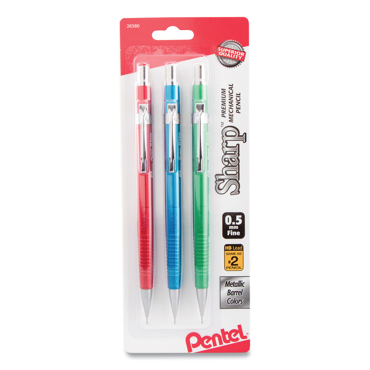  Pentel P205MBP3M1 Sharp Mechanical Pencil, 0.5 mm, HB (#2.5), Black Lead, Assorted Barrel Colors, 3/Pack (PENP205MBP3M1) 