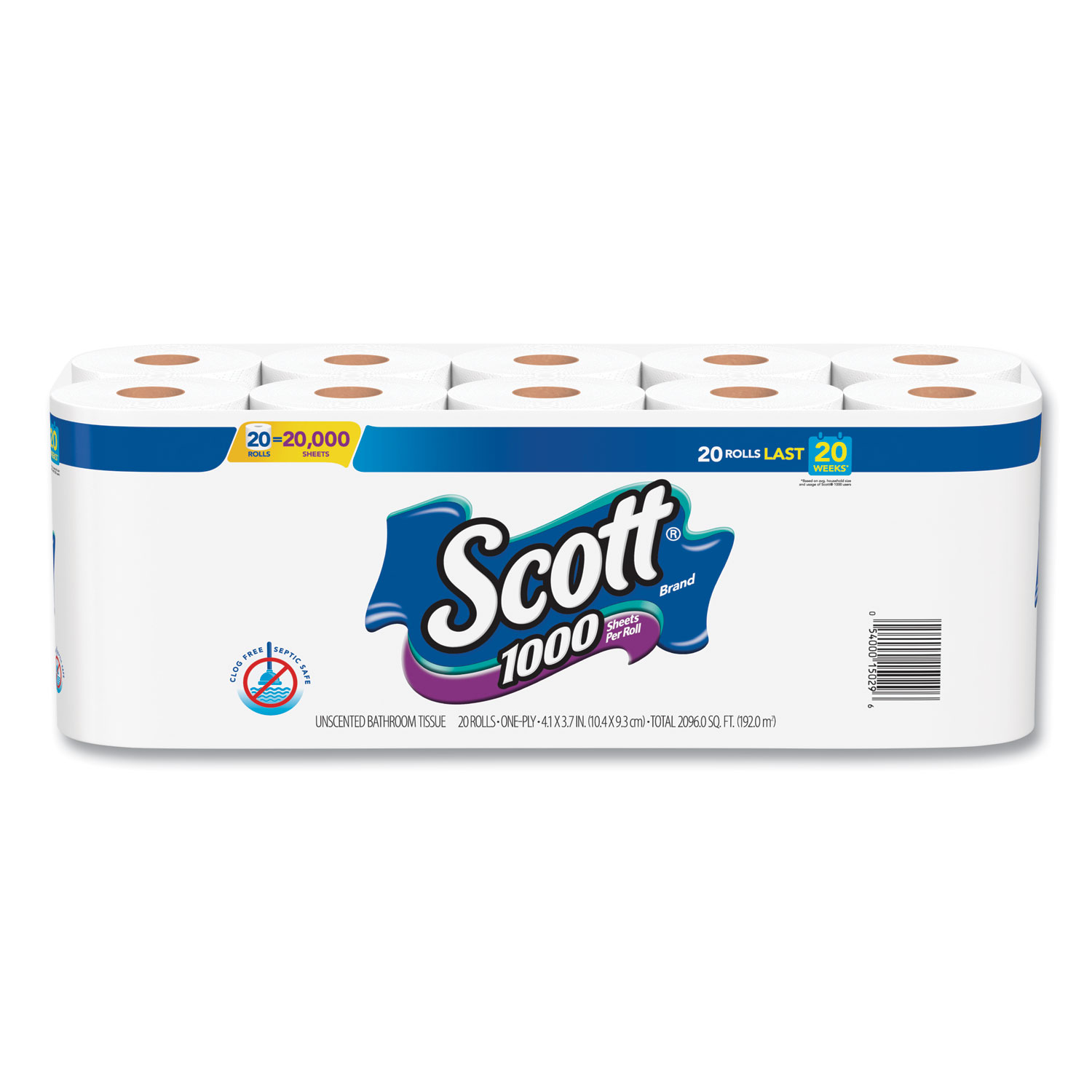  Scott KCC 20032 Standard Roll Bathroom Tissue, Septic Safe, 1-Ply, White, 20/Pack, 2 Packs/Carton (KCC20032CT) 