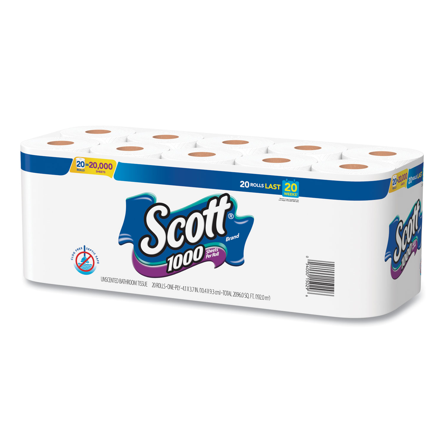 Scott® Standard Roll Bathroom Tissue, Septic Safe, 1-Ply, White, 1,000 ...